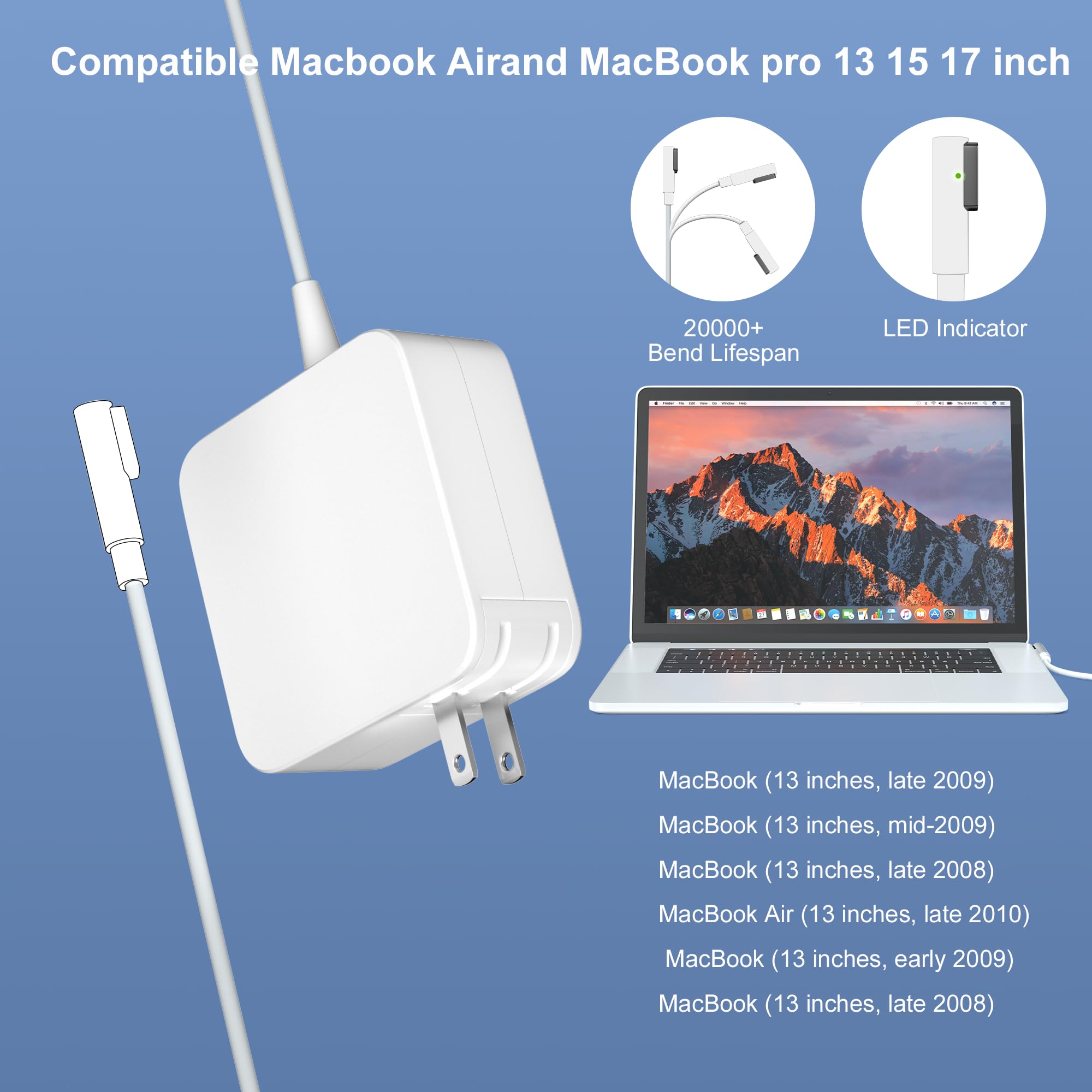 Mac Book Pro Charger, 85W 60W Power Adapter L Tip For Macbook Pro 13 15 17 Inch Before Mid 2012, 6.6Ft Macbook Cable