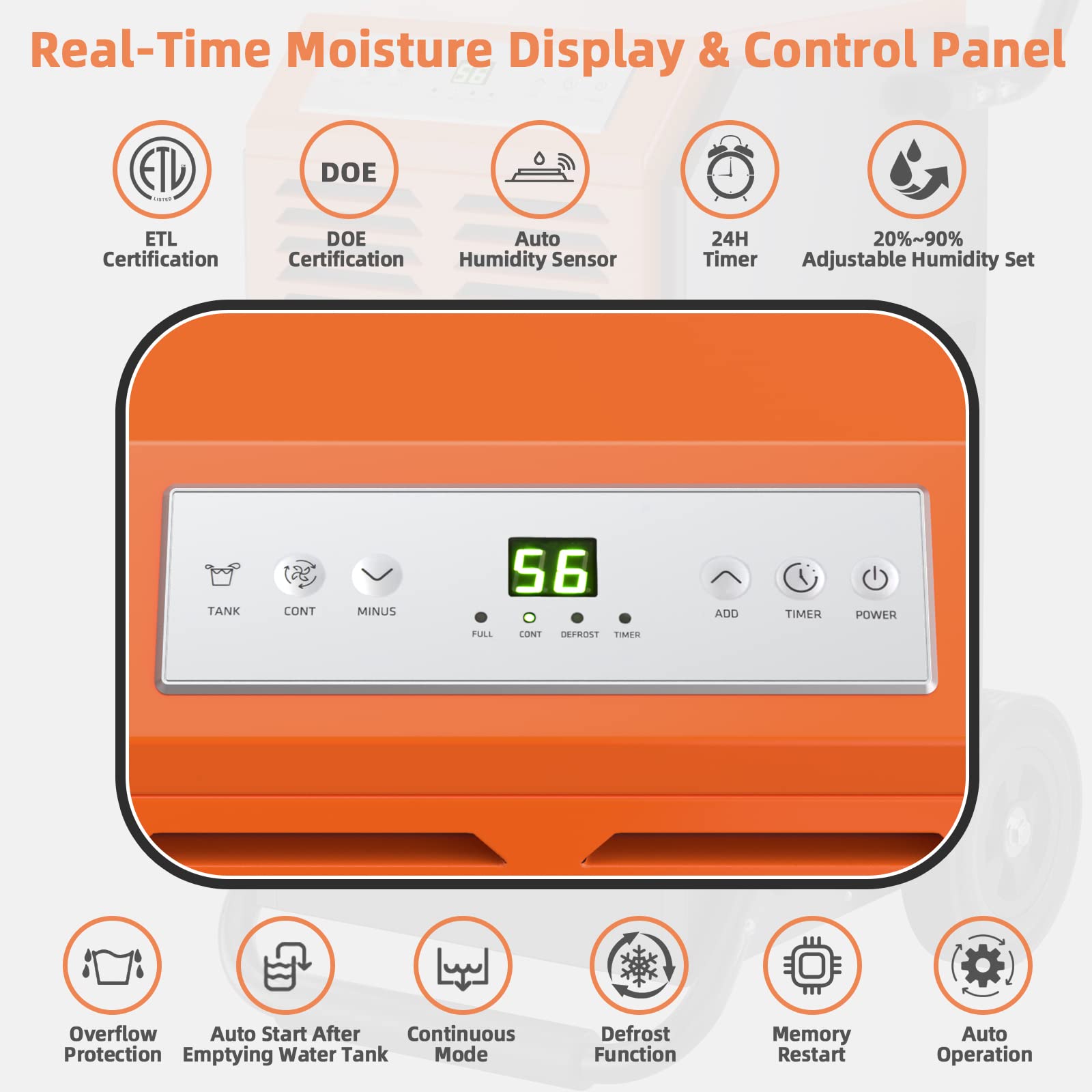 Costway 163 Pints Commercial Dehumidifier, 4500 Sq.Ft Crawl Space Dehumidifier With Drain Hose, 24H Timer, Industrial Dehumidifier For Basement, Warehouse, Job Site (Orange)