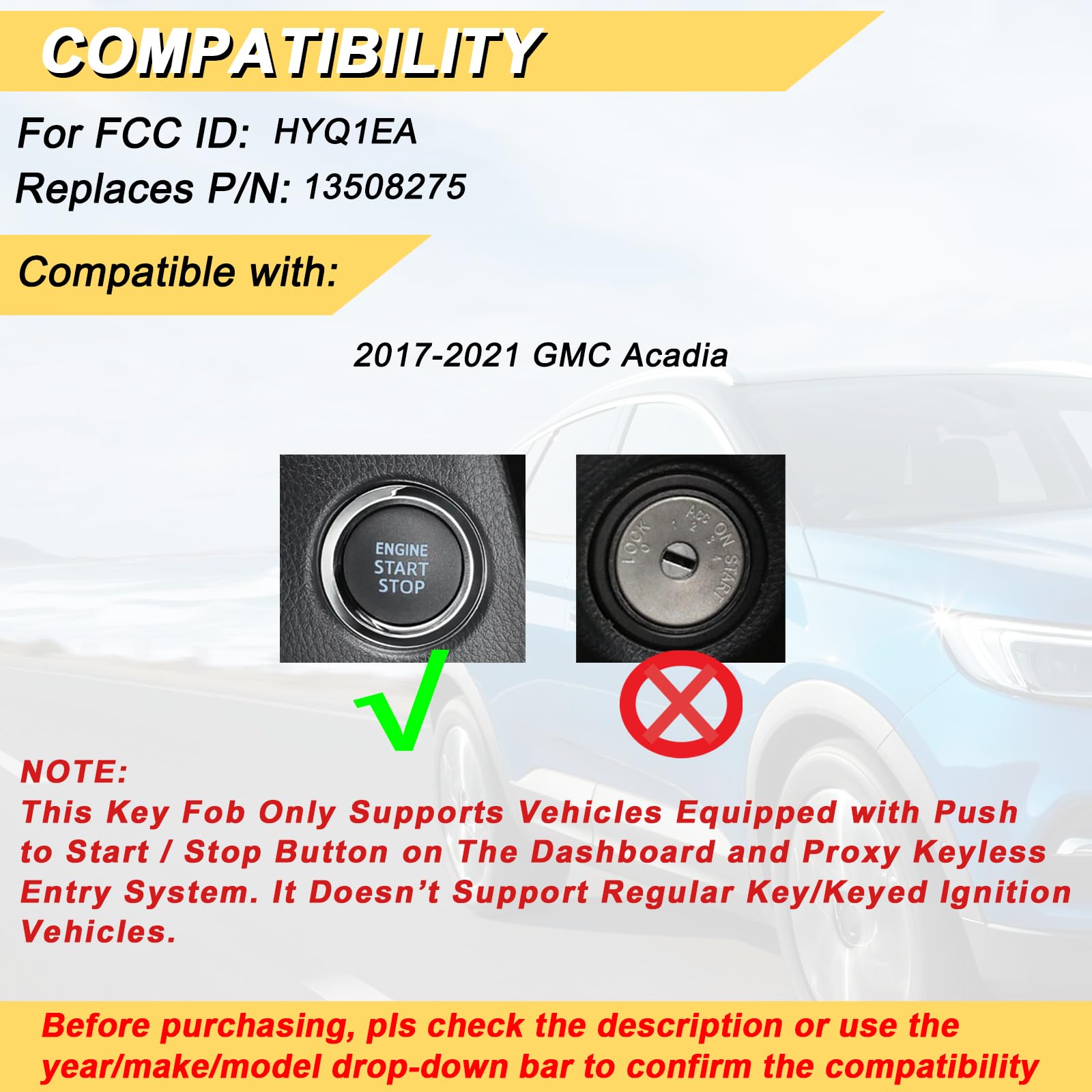 Vurkcy Key Fob Replacement For 2017-2021 Gmc Acadia Push Start Smart Proximity Keyless Entry Remote Start Control, 13508275 Hyq1