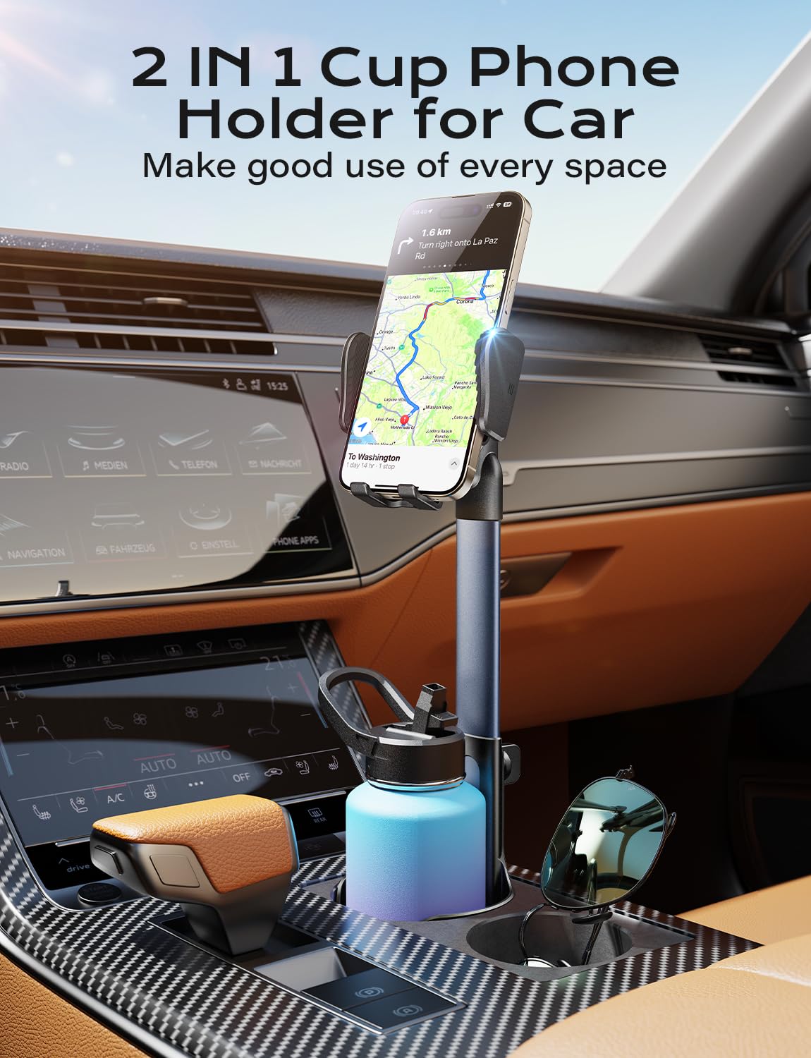 Tazeni 2 In 1 Cup Holder Cell Phone Holder Mount For Car Aluminum Alloy Rod Cup Phone Holder For Car Bottle Free Cupholder Cellp