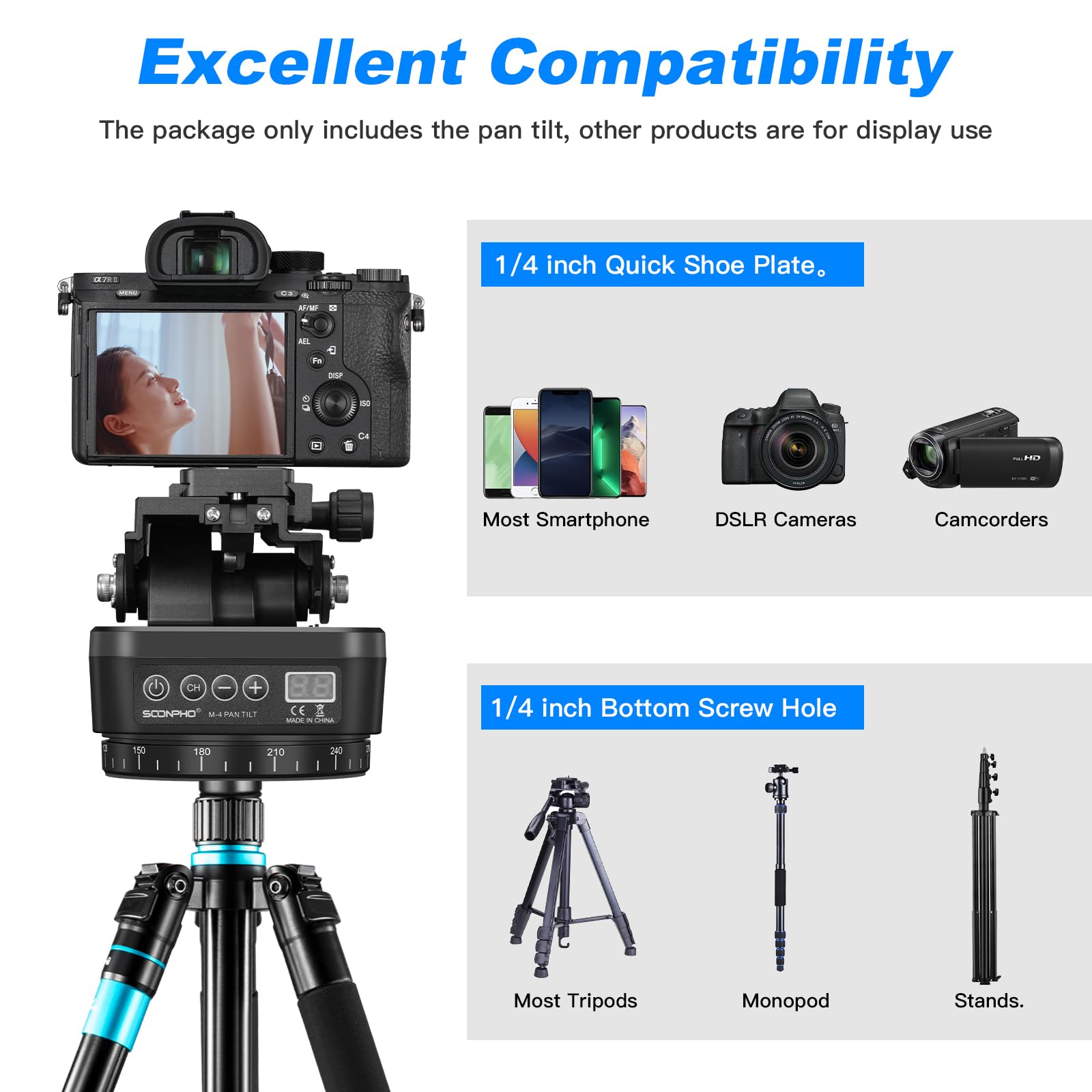 Soonpho M4 Motorized Rotating Panoramic Tripod Head, Remote Control 360� Pan Tilt Head With Mobile Phone Clip For Dslr Cameras, Camcorders, Smartphones, Tripod