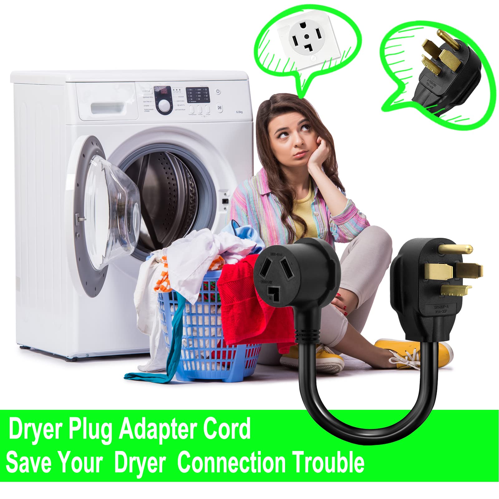 1.5Ft 3 Prong To 4 Prong Dryer Adapter, 4 Prong To 3 Prong Dryer Adapter, Nema 14 30P Male To 10 30R Female, Dryer Cord Adapter