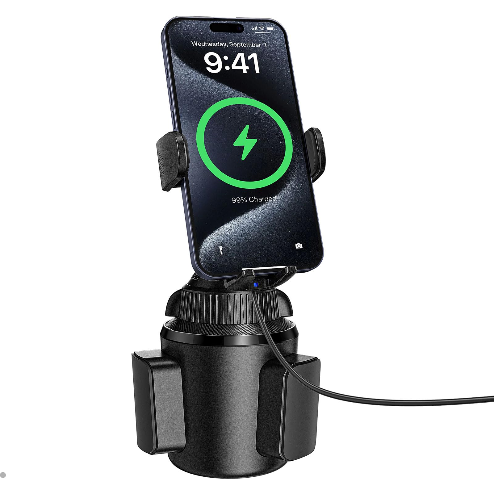 Apps2Car Solid Cup Holder Phone Mount For Car Wireless Charger 15W With Quick Extension Long Arm Fast Swivel Adjustable Height 3