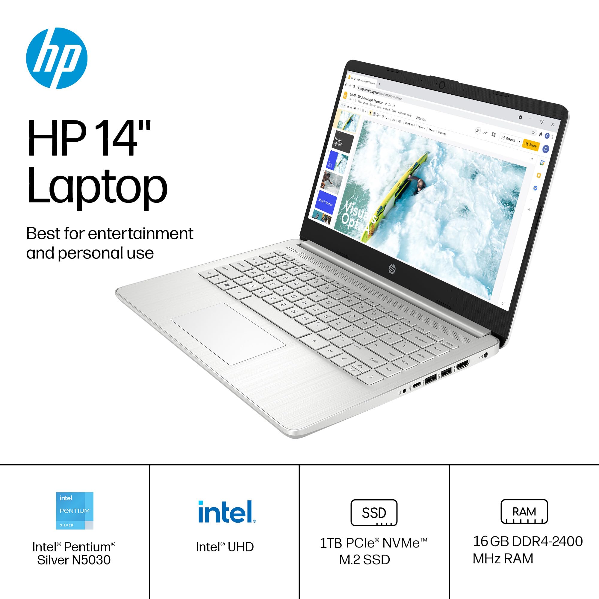 Hp 14'' Ultra Light Laptop For Student & Home (Narrow Bezel Display, Intel Pentium N5030, 16Gb Ram, 1Tb Ssd, 1 Year Office 365)
