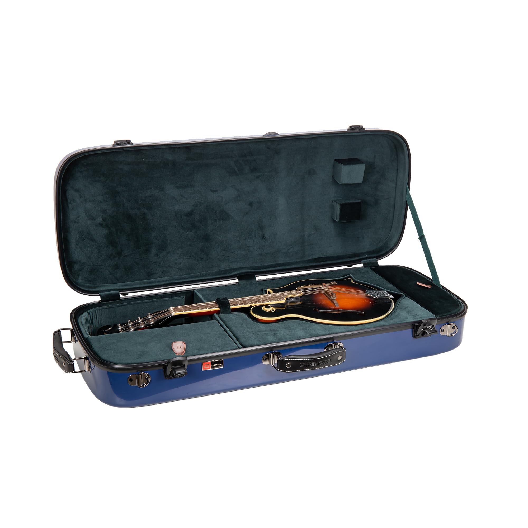 Crossrock Fiberglass Mandolin Case - Oblong for F-Style (Fits Gibson F5) | Navy Blue Gloss Finish, Forest Green Velvet, TSA Lock