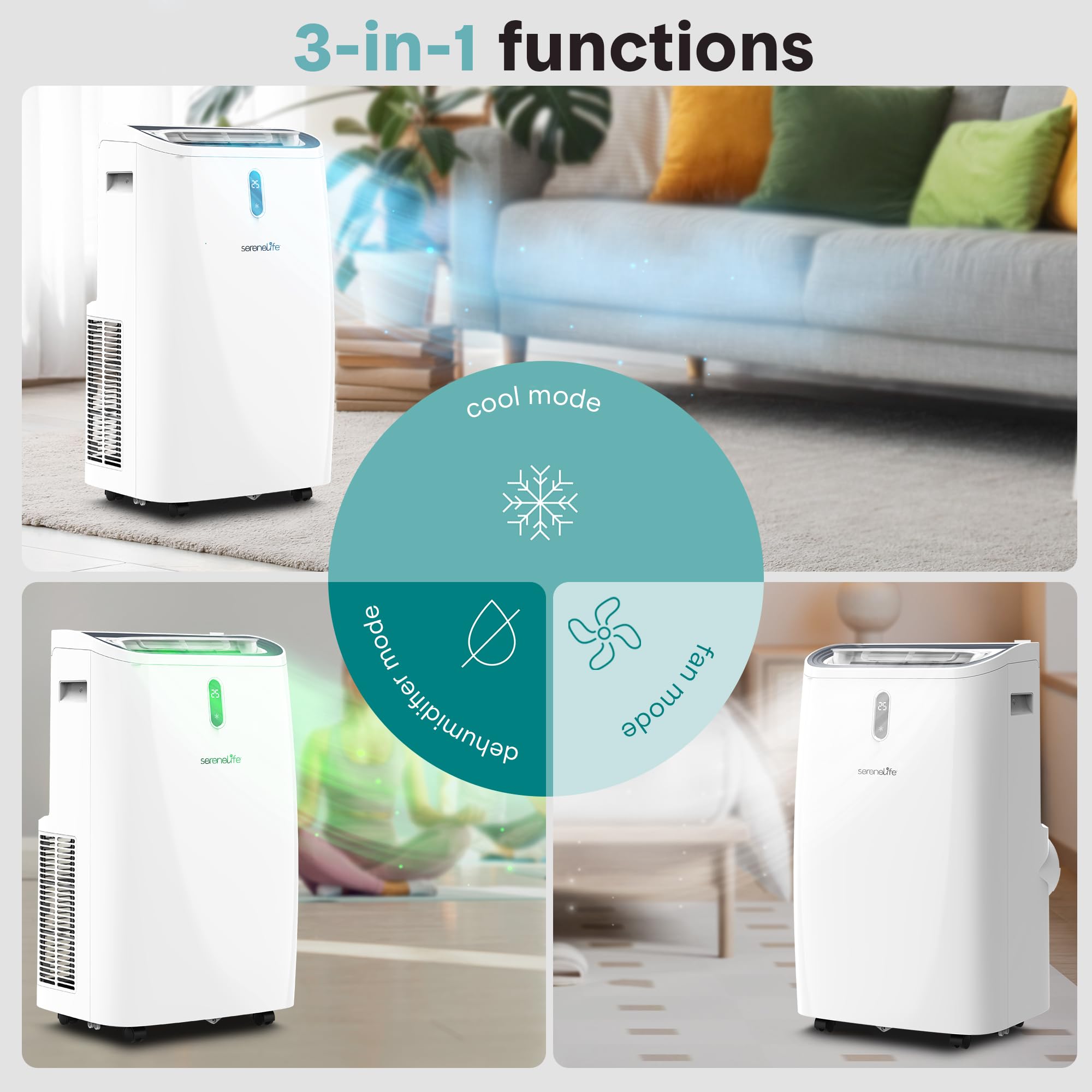 Serenelife Portable Air Conditioner, 14000 Btu (Ashrae) Compact Home A/C Cooling Unit With Built-In Dehumidifier And Fan Modes,