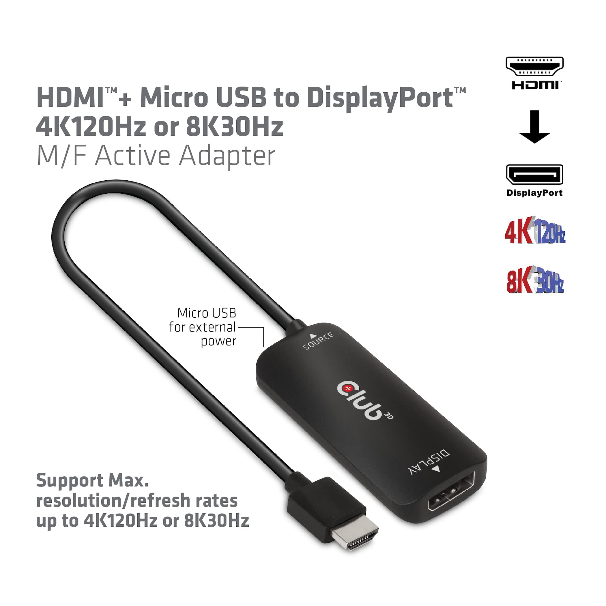 Club 3D Cac 1335 Hdmi 2.1 To Displayport 1.4 4K120Hz Or 8K30Hz M/F Active Adapter