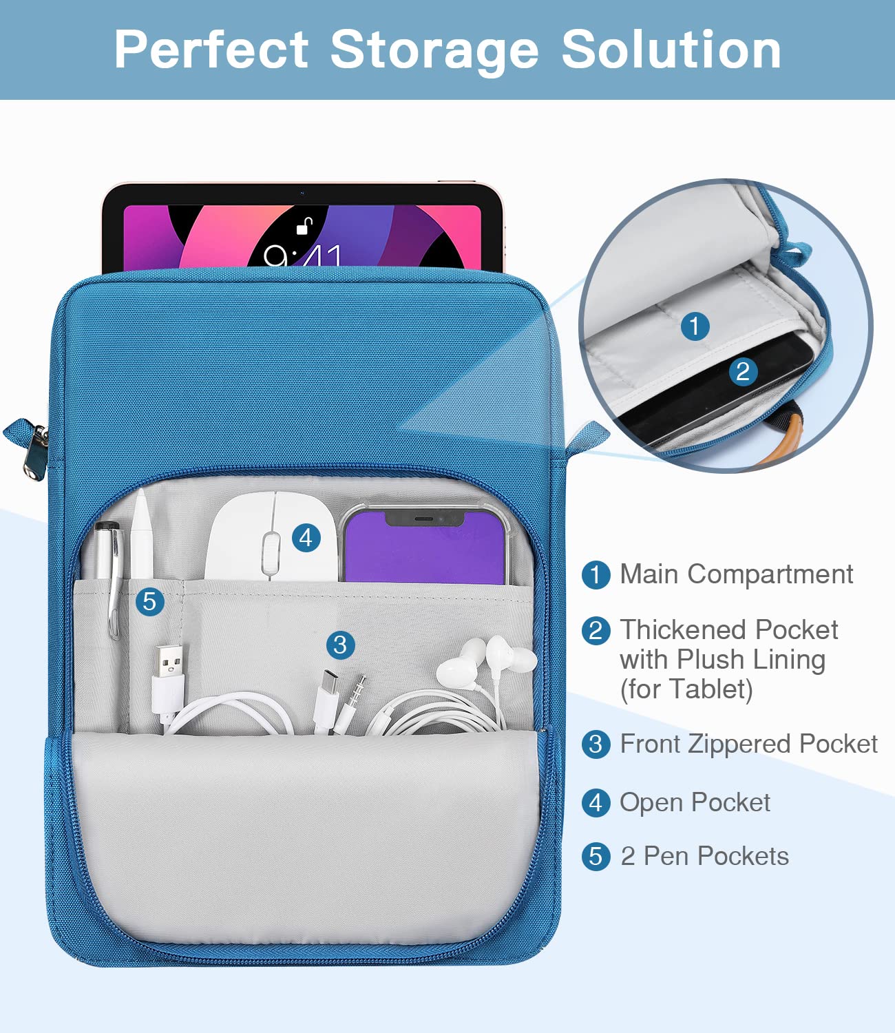 MoKo 9 11 Inch Tablet Sleeve Bag Handle Carrying Case with Shoulder Strap Fits New 11 inch iPad Pro M4/iPad Air M2, iPad 10th 10.9, iPad 9/8/7th 10.2, iPad Air 5/4th 10.9, Tab S8/S9 11, Peacock Blue