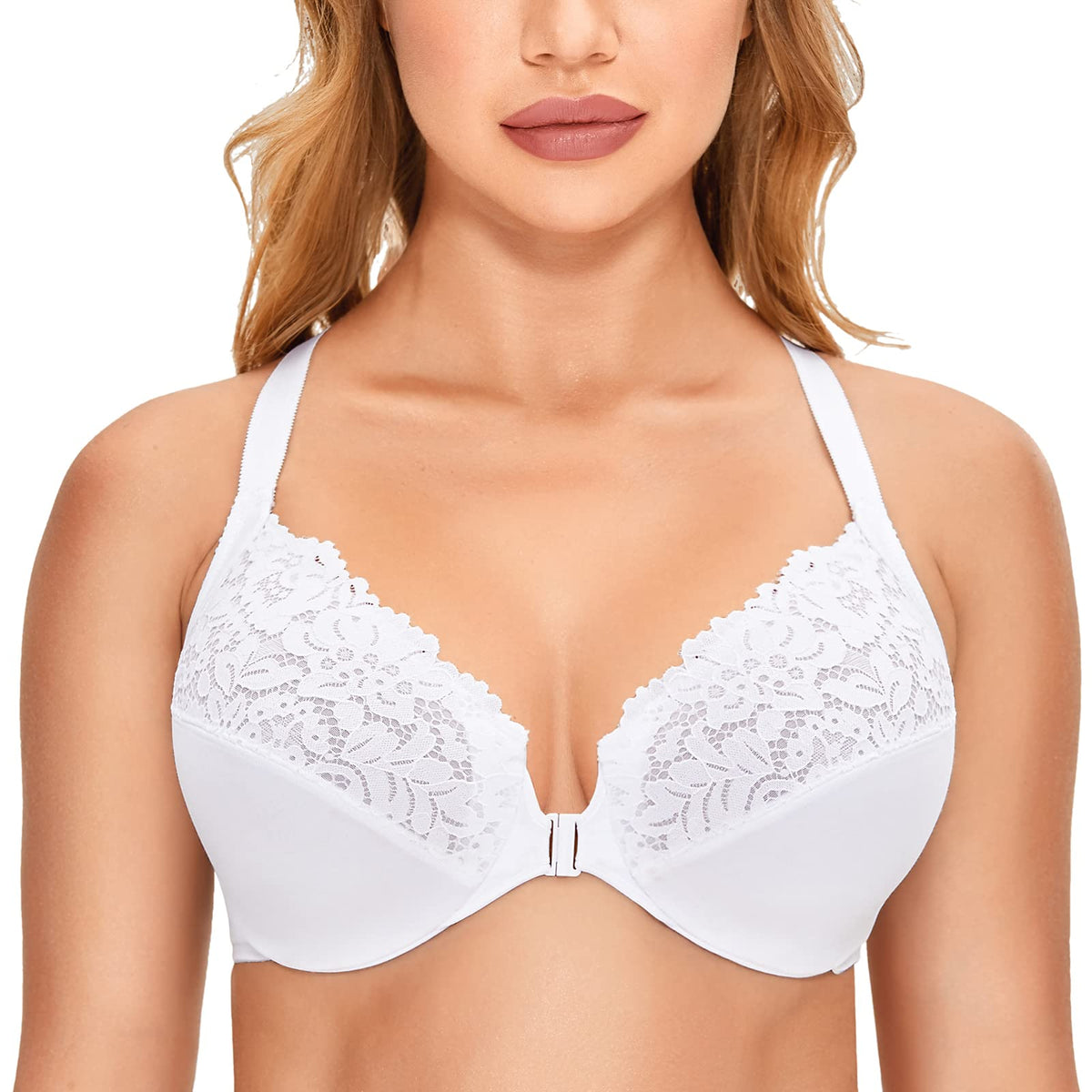 Delimira Womens Front Closure Plus Size Full Coverage Lace Underwire Racerback Bra White 44B