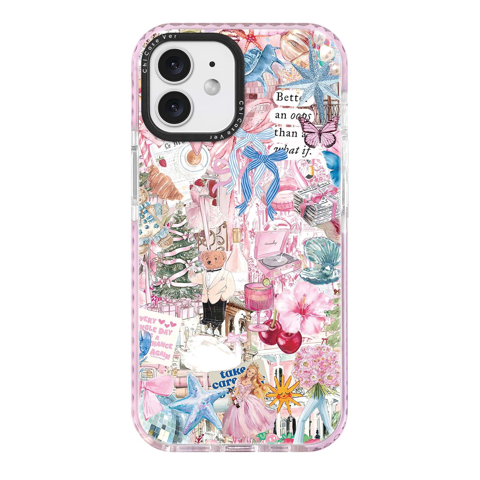 ChiCaseVer for iPhone 12 Case, Pink Romantic Collage Pattern with Ballerinas & Cute Teddy, Military-Grade Drop Protection, Girly