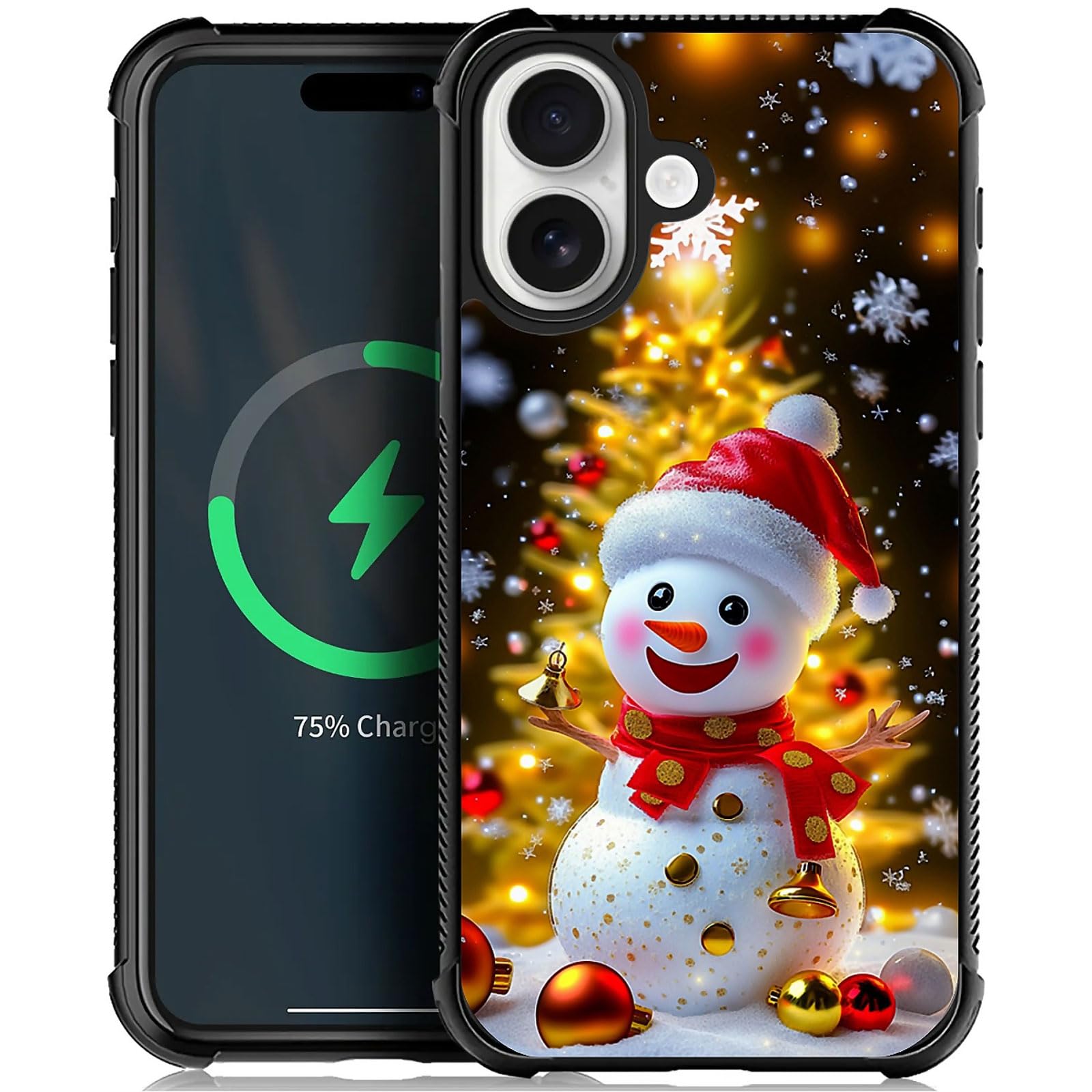 XUANWENPA for iPhone 16 Plus Case,The Black Shell Design is Bright,Anti Drop and Dust-Proof,Christmas Golden Tree Snowman.