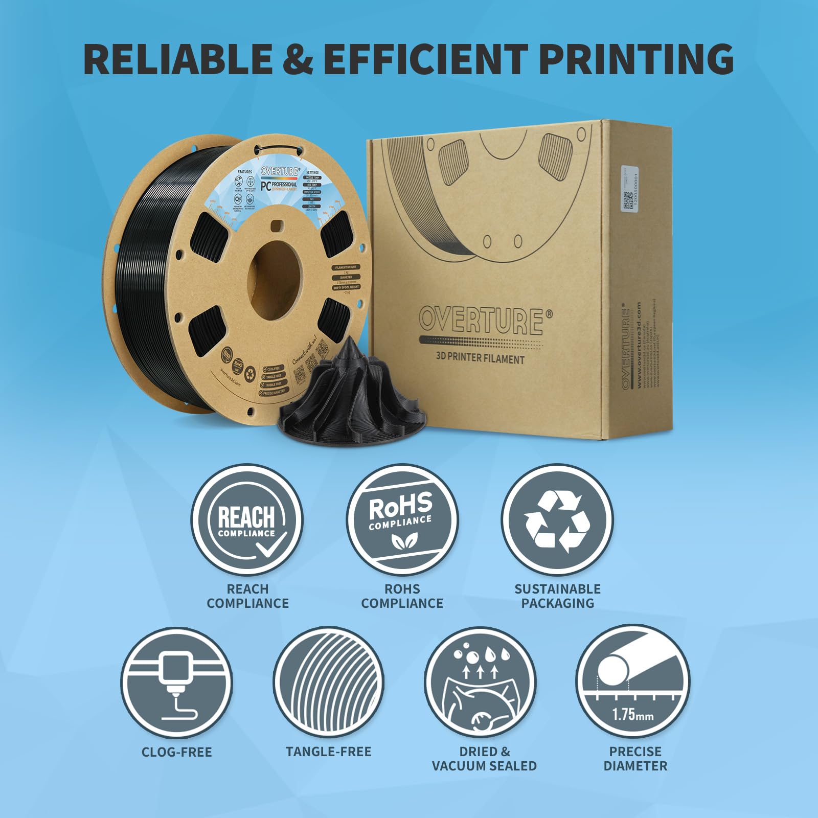 Overture Tough Pc Profeesional Filament, Cardboard Spool, 1Kg(2.2Lbs), Dimensional Accuracy 99% Probability +/  0.03Mm, Fit Most