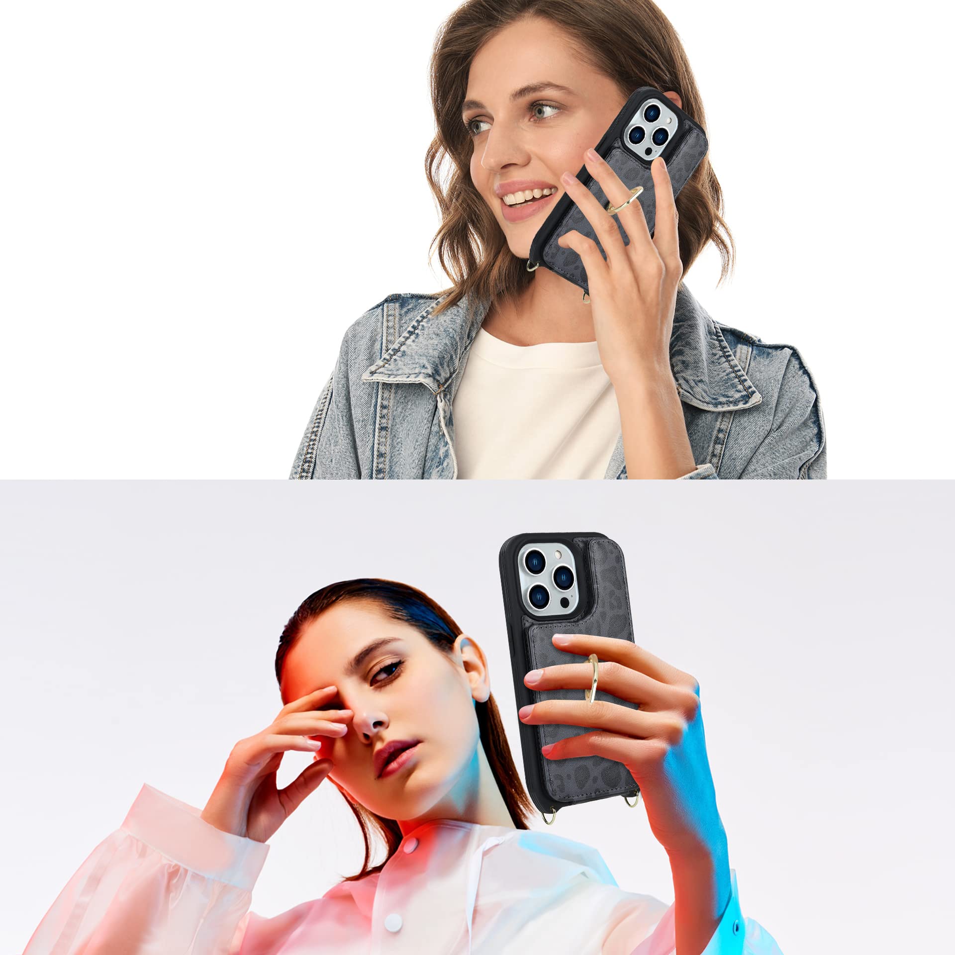 Lipvina For Iphone 14 Pro Case With Card Holder For Women,Phone Case With Strap,Crossbody Lanyard,Ring Stand,Snap Clasp,Cute Wal