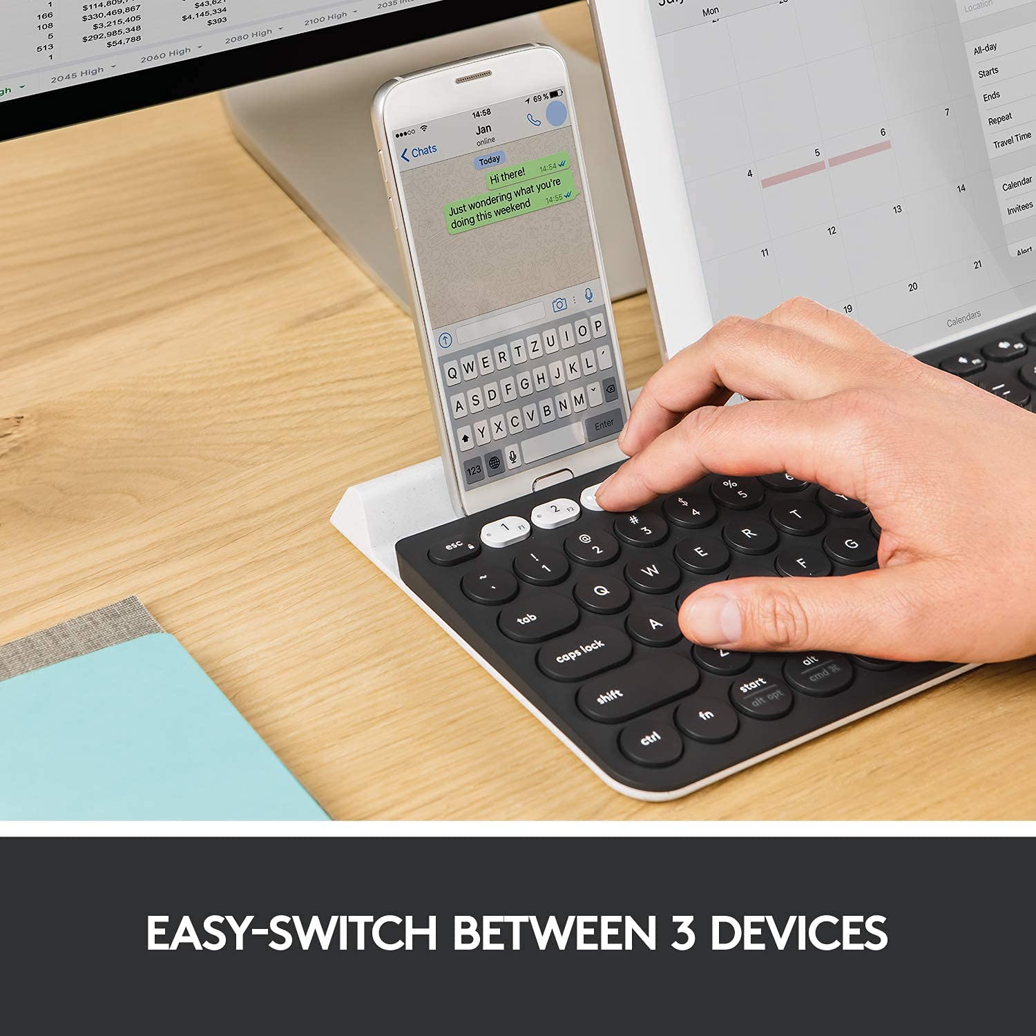 Logitech K780 Multi Device Wireless Keyboard For Computer, Phone And Tablet   Flow Cross Computer Control Compatible   Speckles