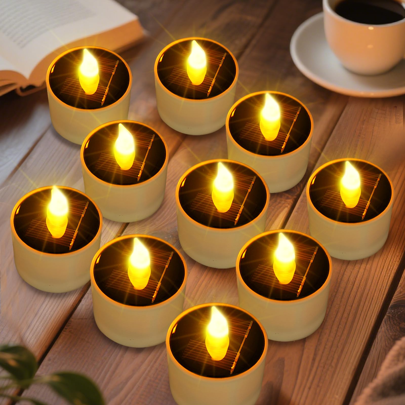 Solar Tea Lights Outdoor - 10 Pack Waterproof Rechargeable Dusk to Dawn Outdoor Lighting Flameless Flicker Reusable LED Solar Ca