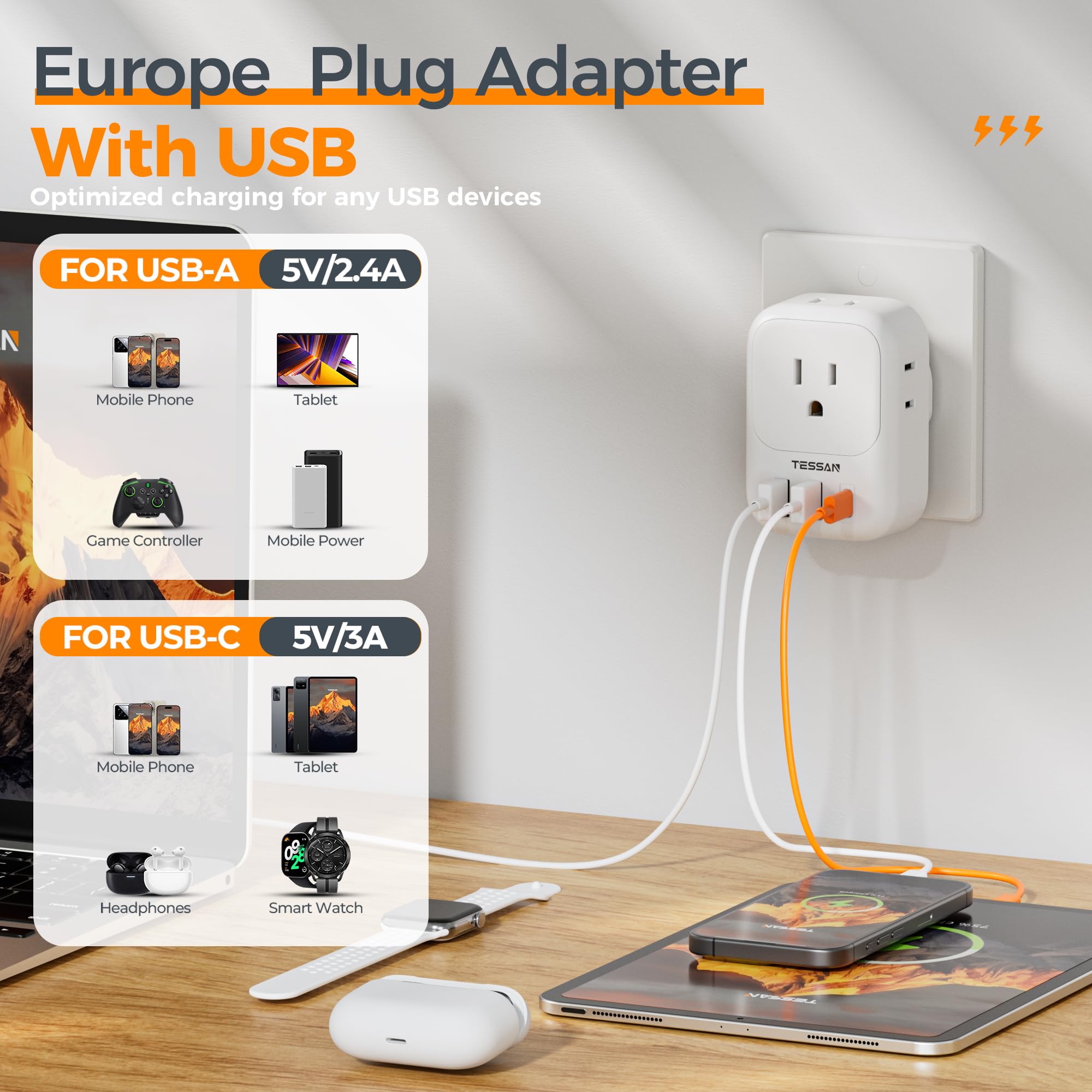 European Travel Plug Adapter, Tessan Usa To Europe Plug With 4 Outlets And 3 Usb Ports(1 Usb C), International Type C Power Adap