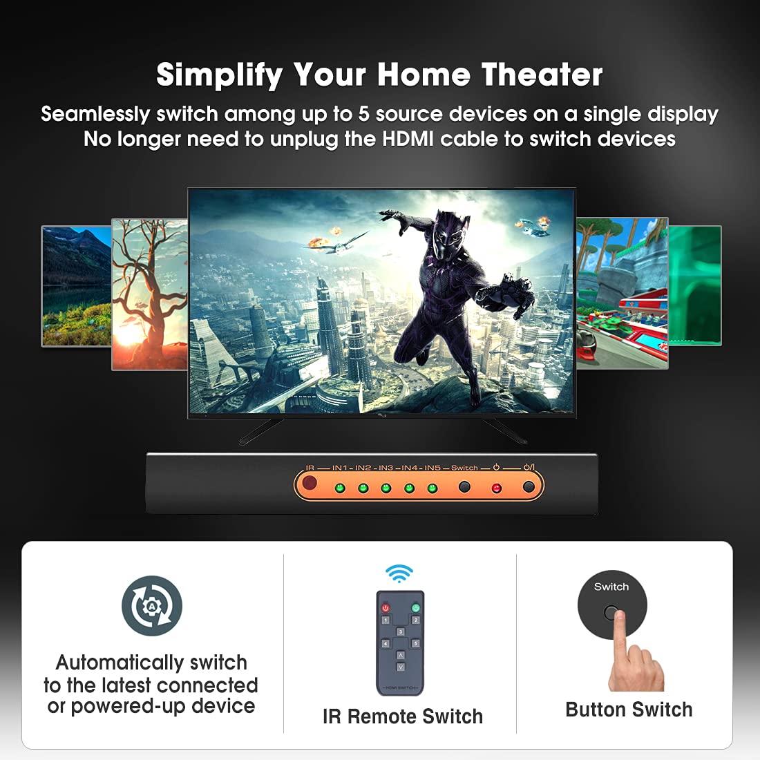 (Newest Version) Roofull 5 Port 4K Hdmi Switch 4K@60Hz 5 In 1 Out Hdmi Switcher Selector With Remote, Auto Switching Dolby Visio