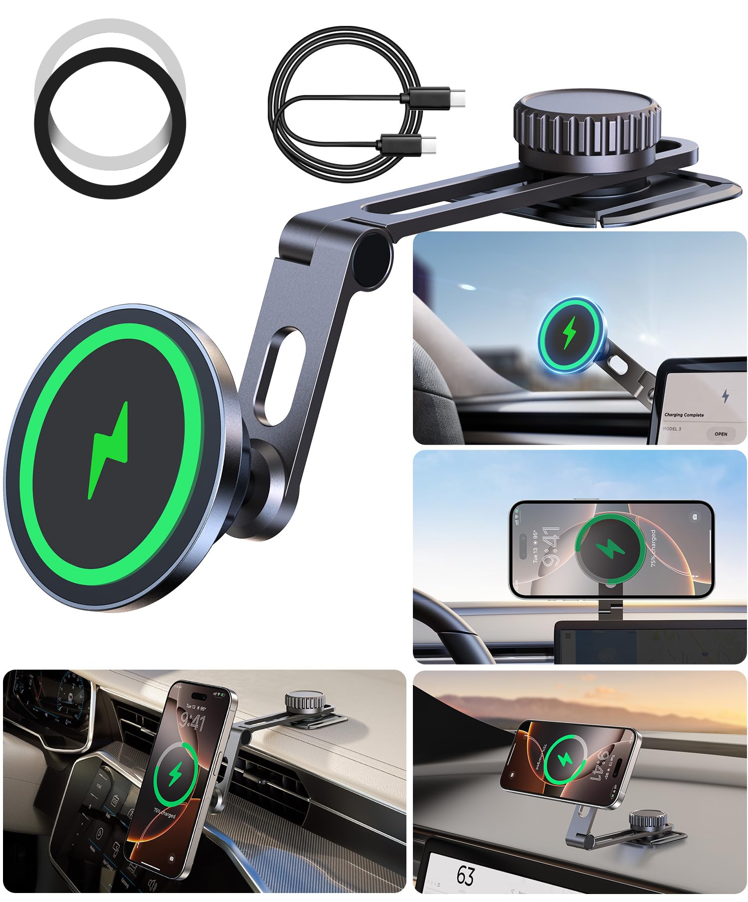 For Magsafe Car Mount Wireless Charger, Foldable Magnetic Phone Holder, Multiple Installation Options For Universal Dashboard & 