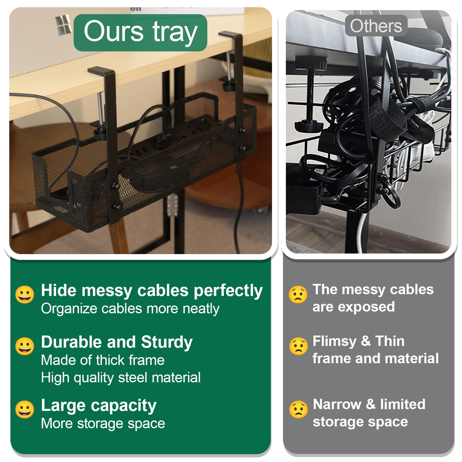 No Drill Under Desk Cable Management Tray With Clamp Premium Wire Tray Cord Organizer   Thin Steel Cable Tray Basket With Charge