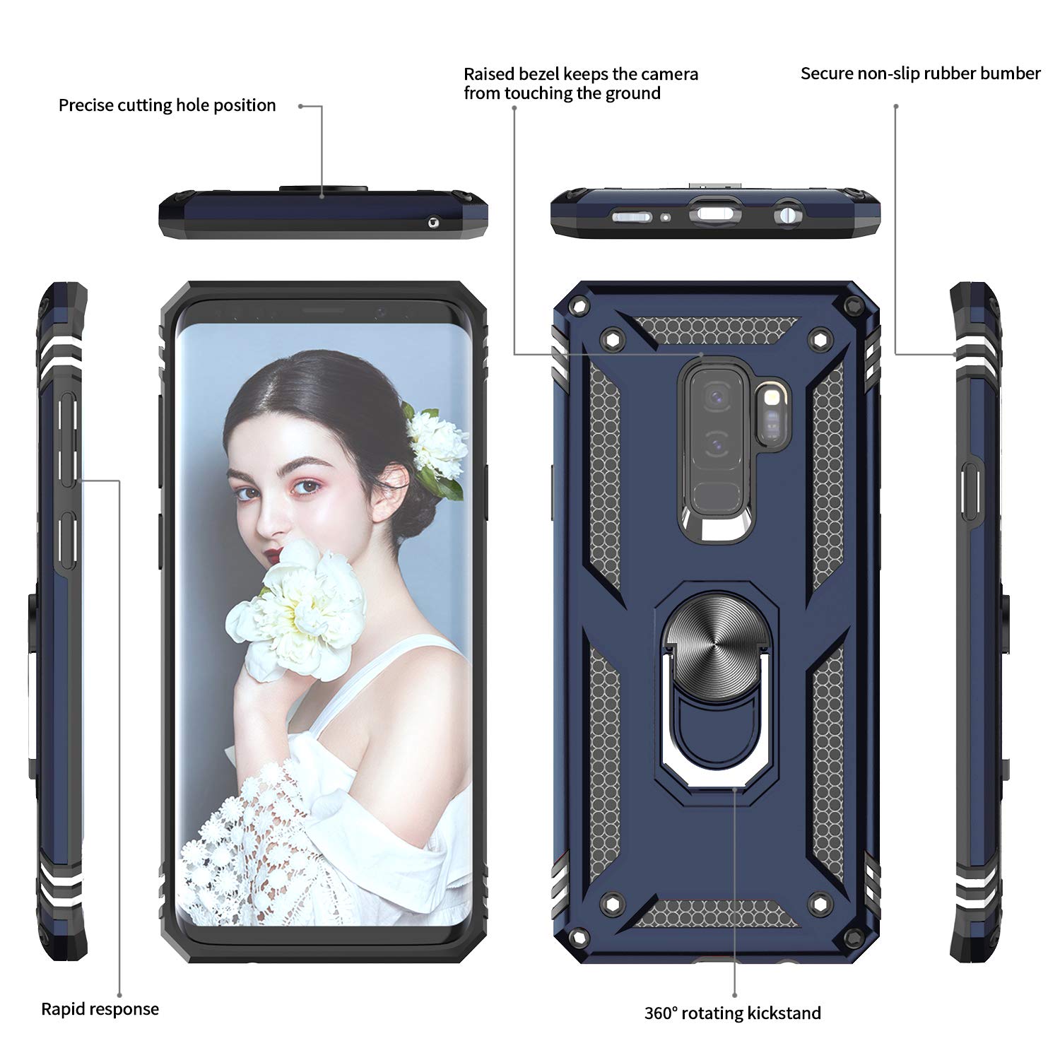 LeYi Samsung Galaxy S9 Plus Phone Case Military-Grade Magnetic Ring Kickstand Blue with 2 Screen Protectors
