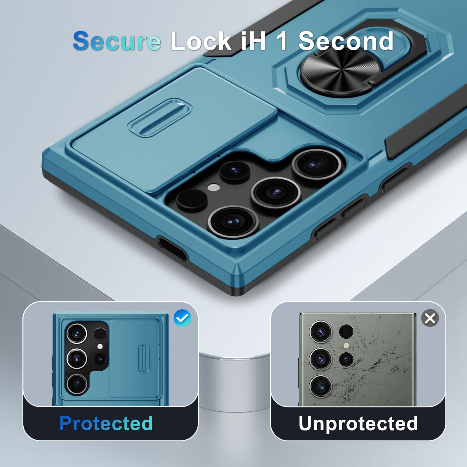 Janmitta Compatible With Samsung Galaxy S24 Ultra Case Built In Slide Camera Lens Cover+Screen Protector+Ring Holder,Heavy Duty