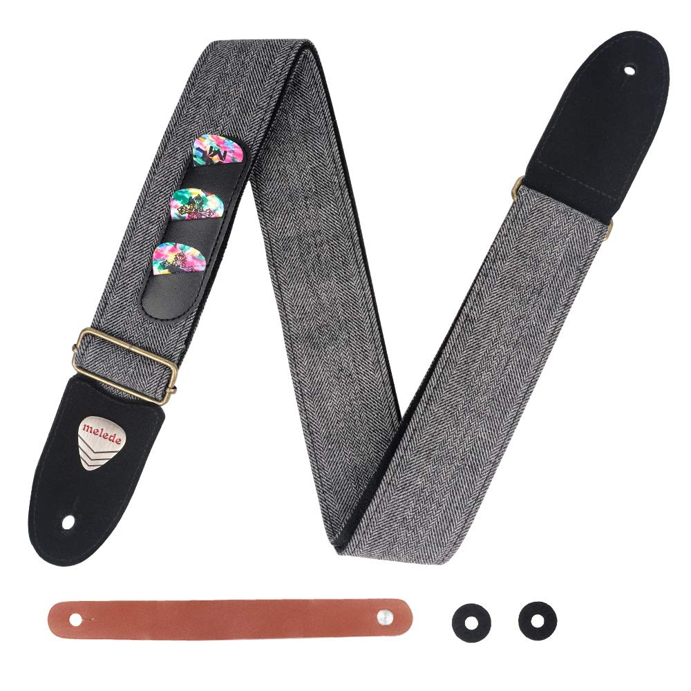 Vintage Tweed Guitar Strap Soft Cotton Genuine Leather Ends Strap with Pick Pocket, 3 Picks Included for Acoustic Guitar, Electr