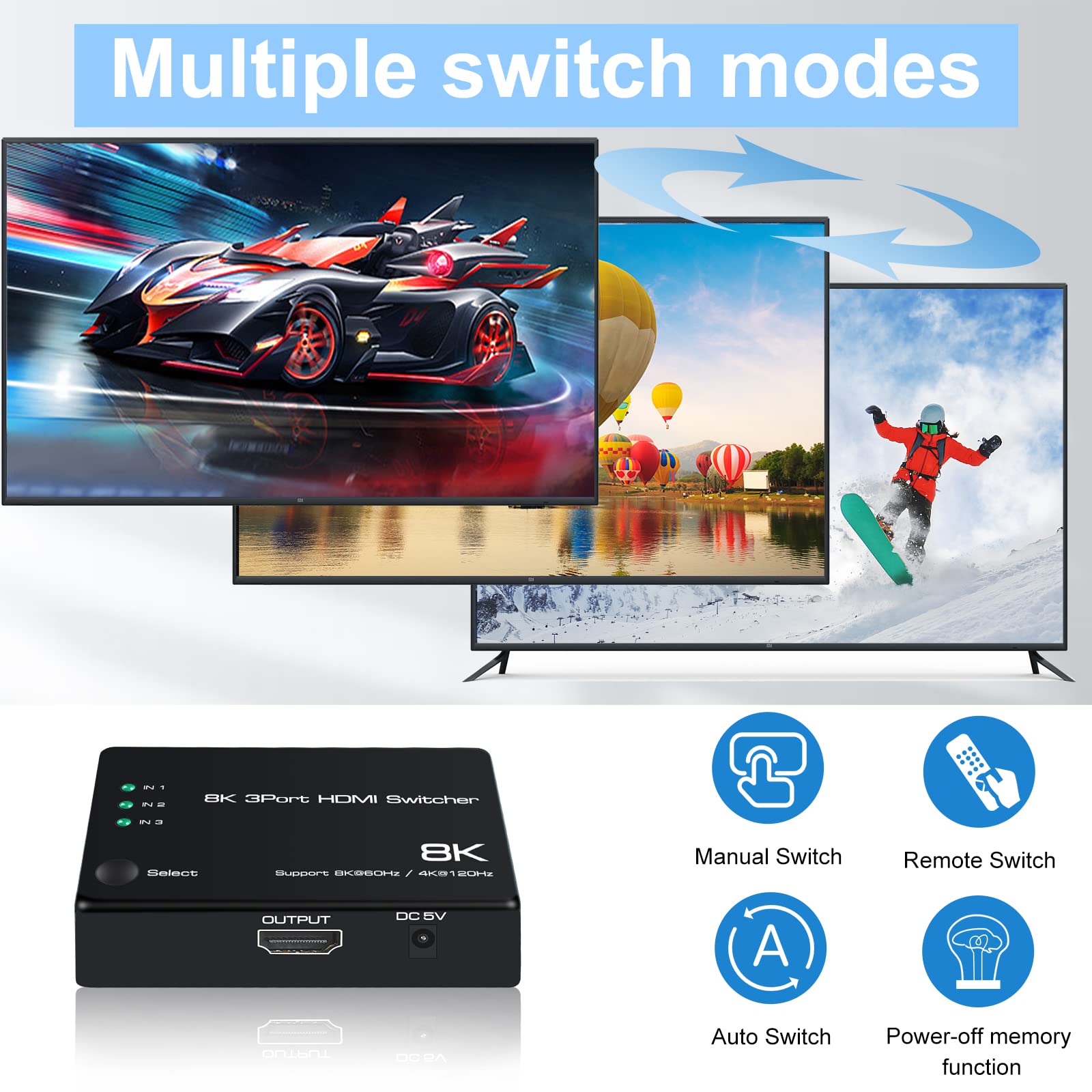 8K@60Hz Hdmi 2.1 Switch 3 In 1 Out,Newcare 4K@120Hz Hdmi Switcher 3 Port, 8K Hdmi Auto Switch 3X1 Selector With Ir Remote For Xbox,Ps5,Ps4,Uhd Tv, Support 48Gbps, Hdcp 2.3,Hdr 10+, 1080P@240Hz
