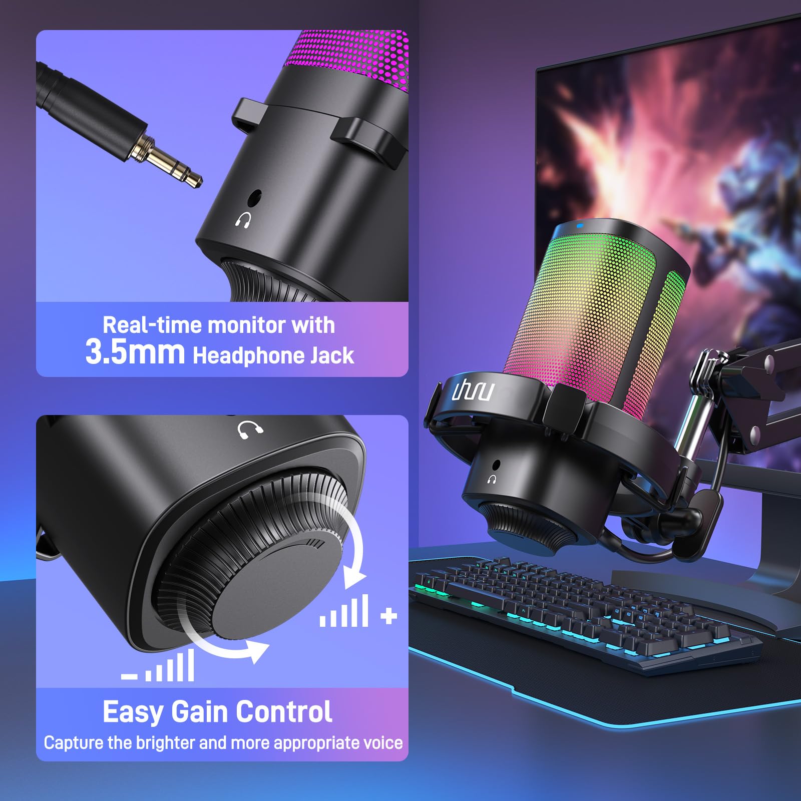Uhuru Gaming Usb Microphone For Pc, Computer Mic With Controllable Rgb For Ps4/5 Gamers, Podcast Mic With Boom Arm, Noise Cancel