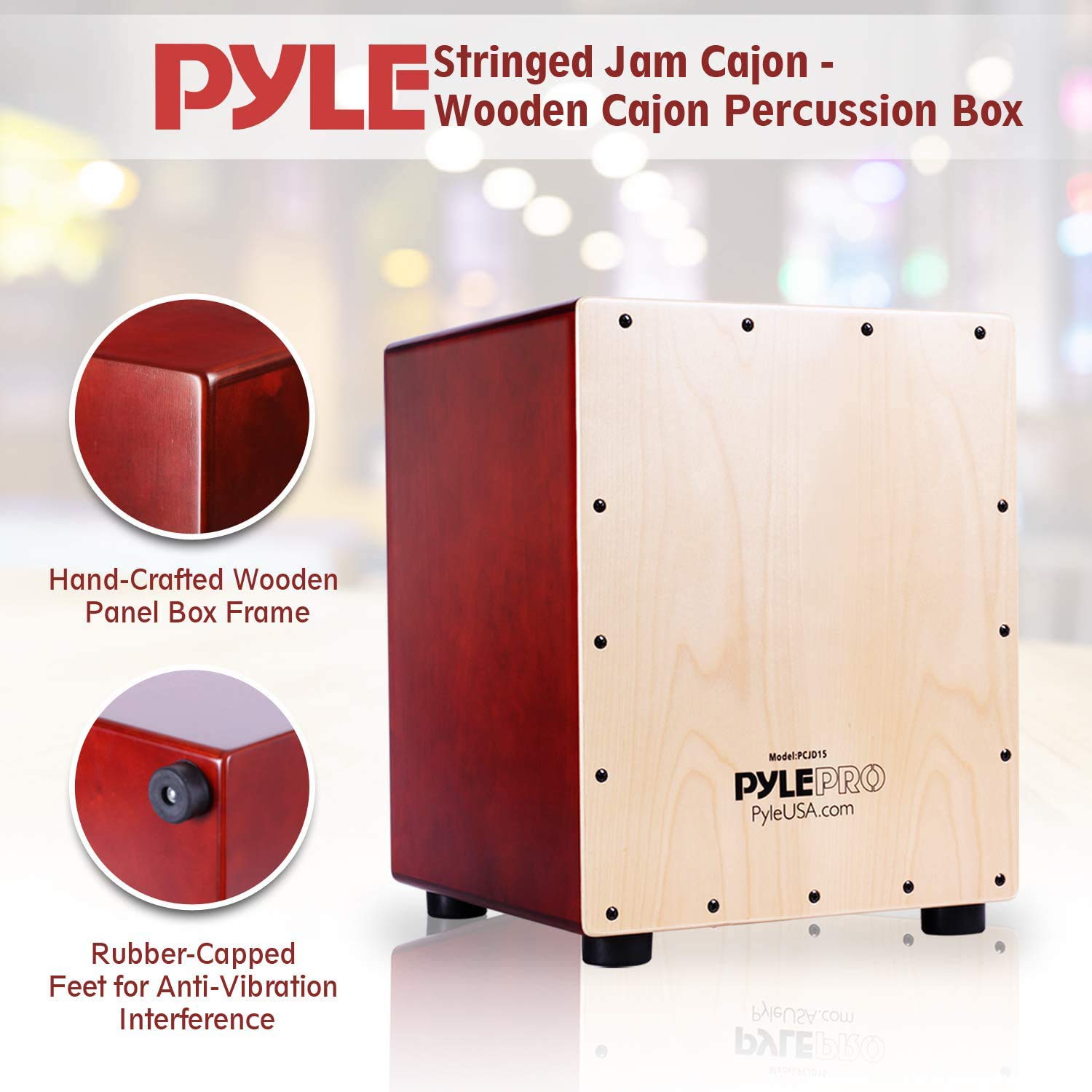 Pyle Stringed Jam Cajon, Handcrafted Birch Wood Percussion Box With Internal Guitar Strings, Compact & Lightweight Acoustic Drum