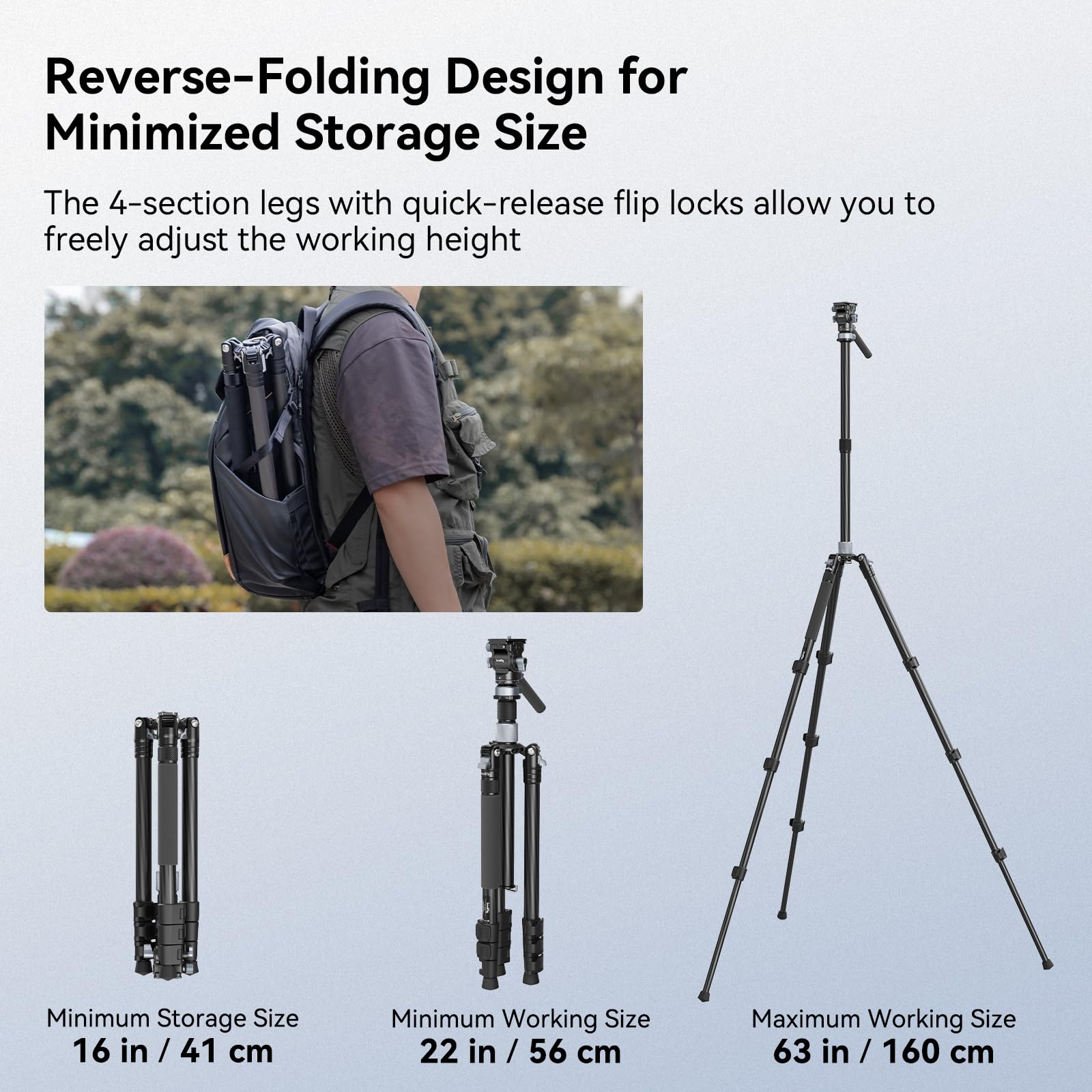 Smallrig 63 Video Travel Tripod, Carbon Fiber Tripod With Quick Release Fluid Head, Leveling Bowl Base And Center Column, 1.3Kg