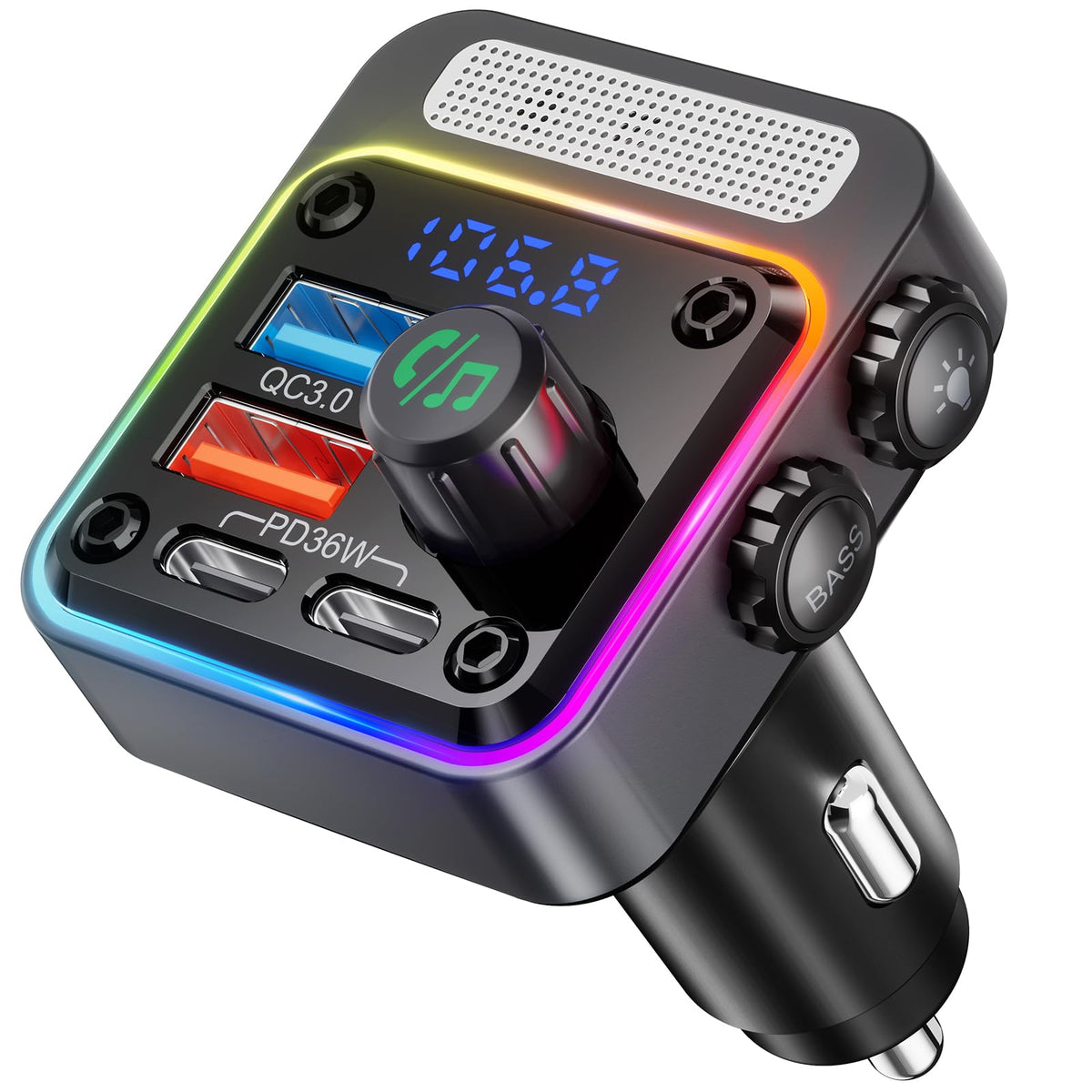 Nulaxy 54W Bluetooth 5.3 Car Adapter With 4 Charging Ports [Pd 36W & Qc3.0 18W], Wireless Radio Fm Transmitter With Deep Bass Pl