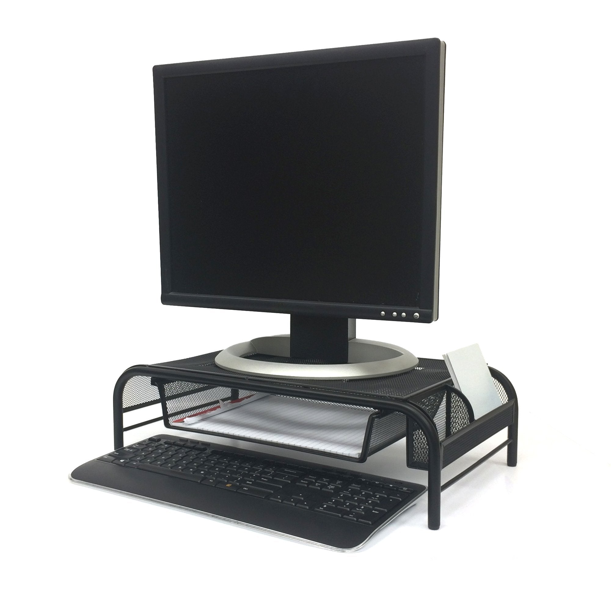 Mind Reader Monitor Stand, Ventilated Laptop Riser, Paper Tray, Storage, Office, Metal Mesh, 20''L X 11.5''W X 5.5''H, Black