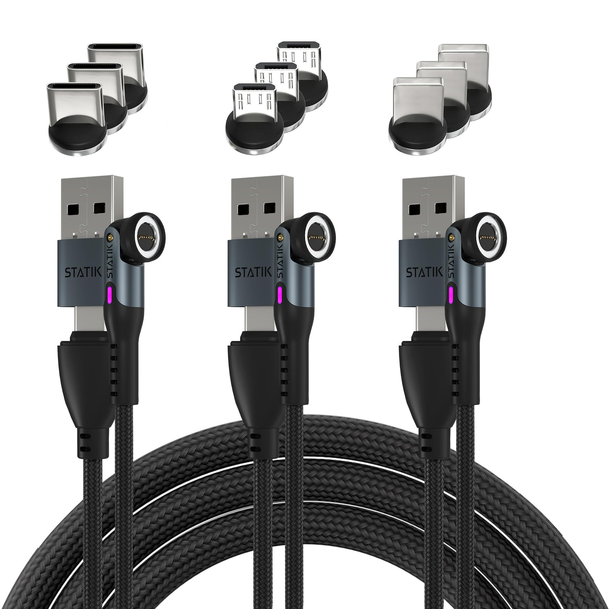 Statik 360 Pro Magnetic Charging Cable 3 Pack - 100W Fast Charging Magnetic USB C Charging Cable, Magnetic Charger Cable - iProd