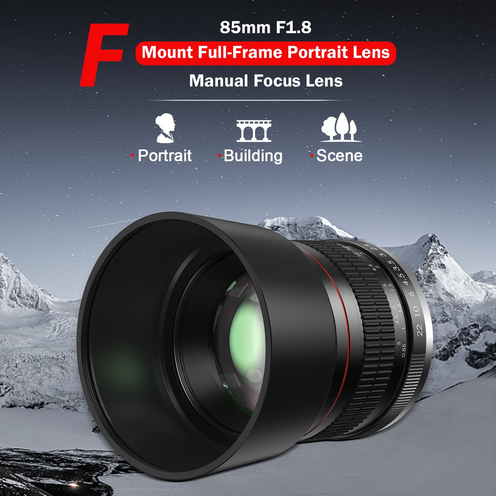 85Mm F1.8 Portrait Lens   F Lens For Nikon, Medium Telephoto Lenses Manual Camera Lenses For Nikon D3500 D850 D7500 D5600 D3400