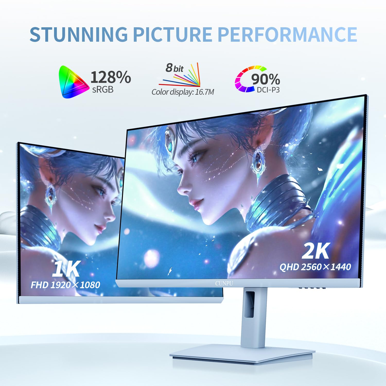 Cunpu 27 Inch Pastel Blue Gaming Monitor, Qhd 2560X1440 Fast Ips 180Hz Computer Monitor, 90% Dci P3, Adaptive Sync, Built  In Sp