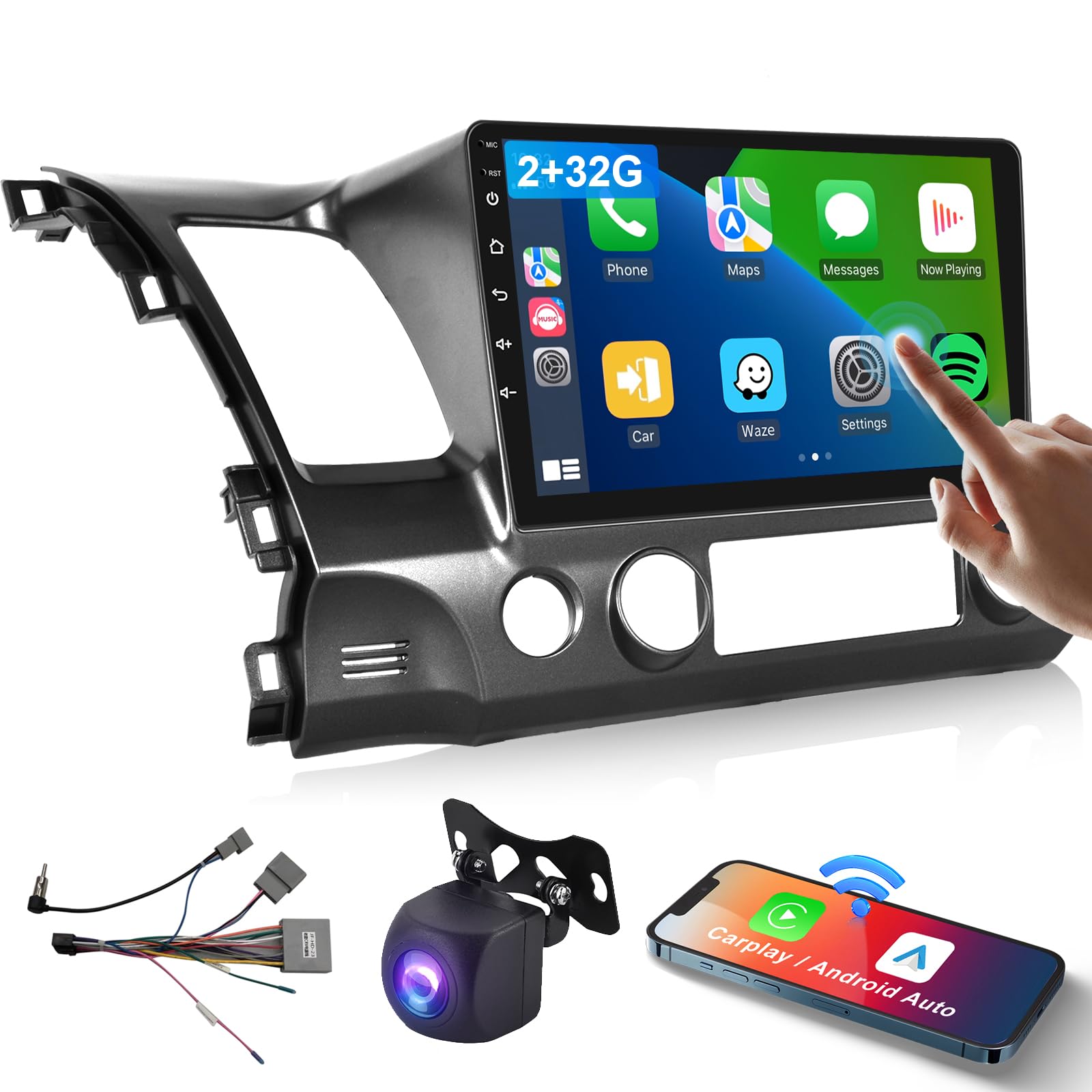 2G+32G Car Stereo For Honda Civic 2006 2007 2008 2009 2010 2011 With Wireless Carplay Android Auto, 10.1' Touchscreen Android Car Radio Support Bluetooth Wifi Gps Usb Mirror Link Backup Camera
