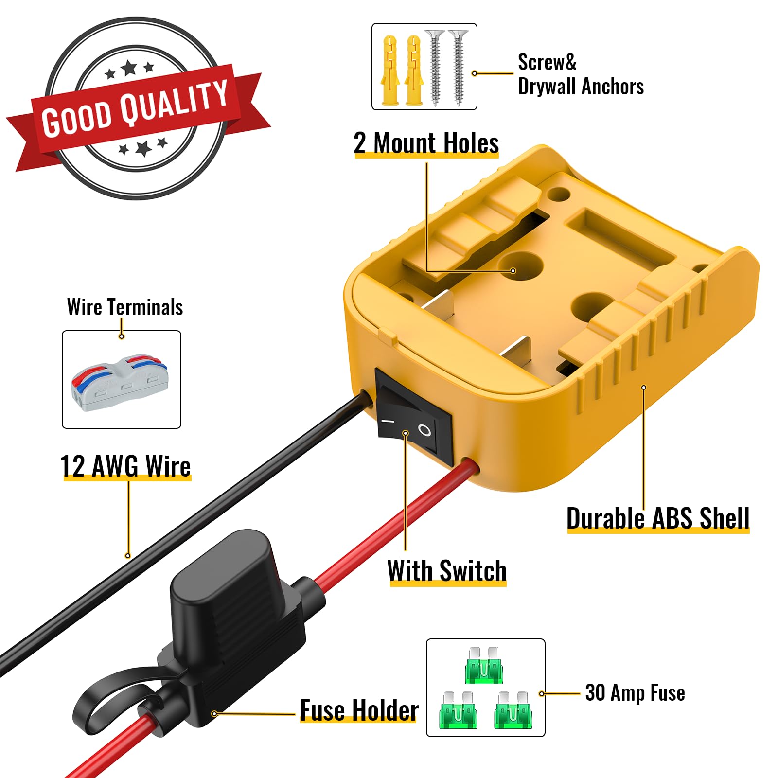 3 Packs Power Wheel Adapter Compatible With Dewalt 20V Battery, Converter Kit With Switch & Fuse & Wire Terminals & 12 Awg Wire