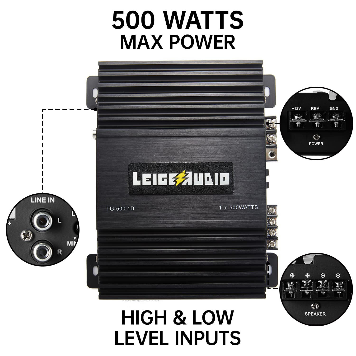Leigesaudio 500 Watts Monoblock Amplifier, Class D, 1 Ohm Stable Subwoofer Amplifiers For Car Audio Speakers