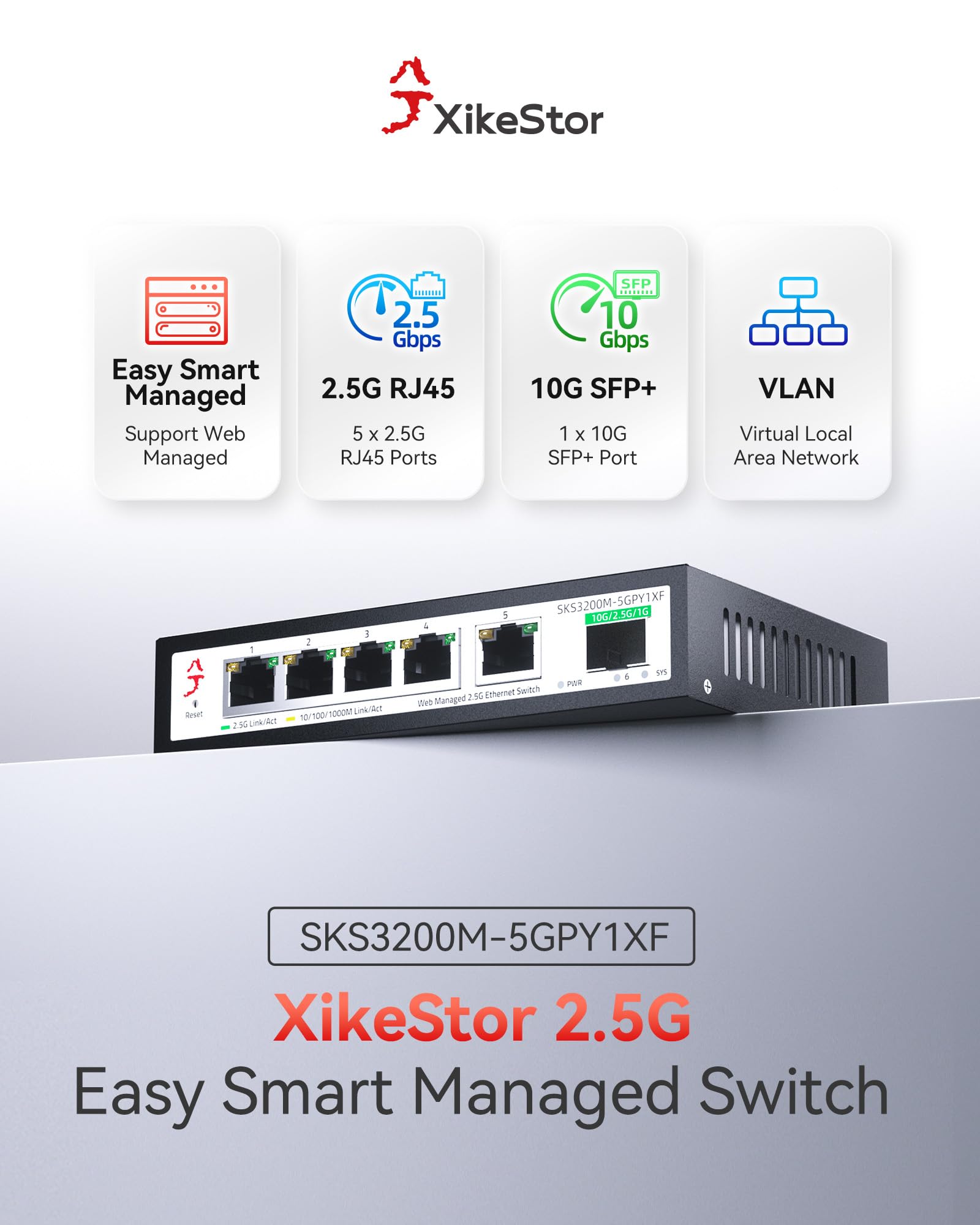 Xikestor 5 Port 2.5G Web Managed Ethernet Switch With 10G Sfp+, 2.5Gb Network Homelab Switch Support Lacp/Vlan/Qos/Stp/Igmp, 2.5