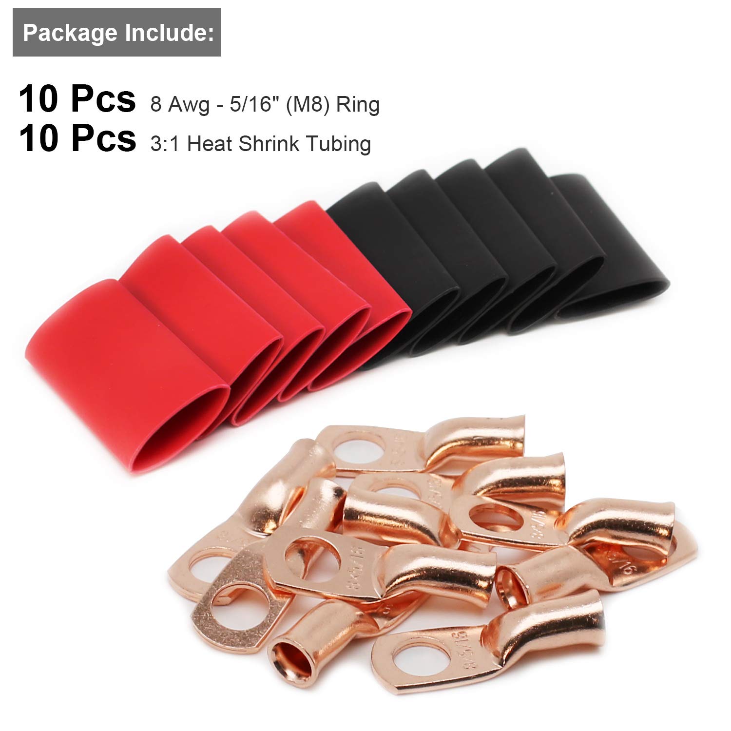Tkdmr 10Pcs 8Awg 5/16'' Battery Lugs,Copper Wire Lugs,Heavy Duty Battery Cable Ends,Tubular Ring Terminals,Awg Crimp Wire Ring L