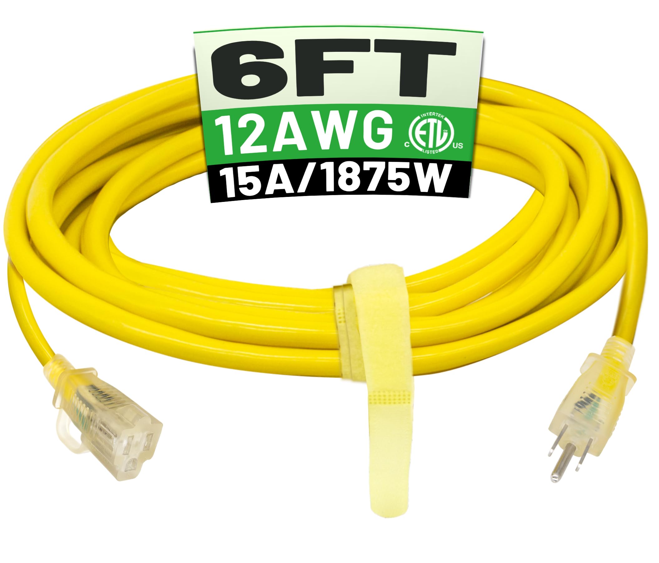 Powgrn 6 Ft 12/3 Outdoor Extension Cord Waterproof Heavy Duty With Lighted Indicator End 12 Gauge 3 Prong, Flexible Cold Resista