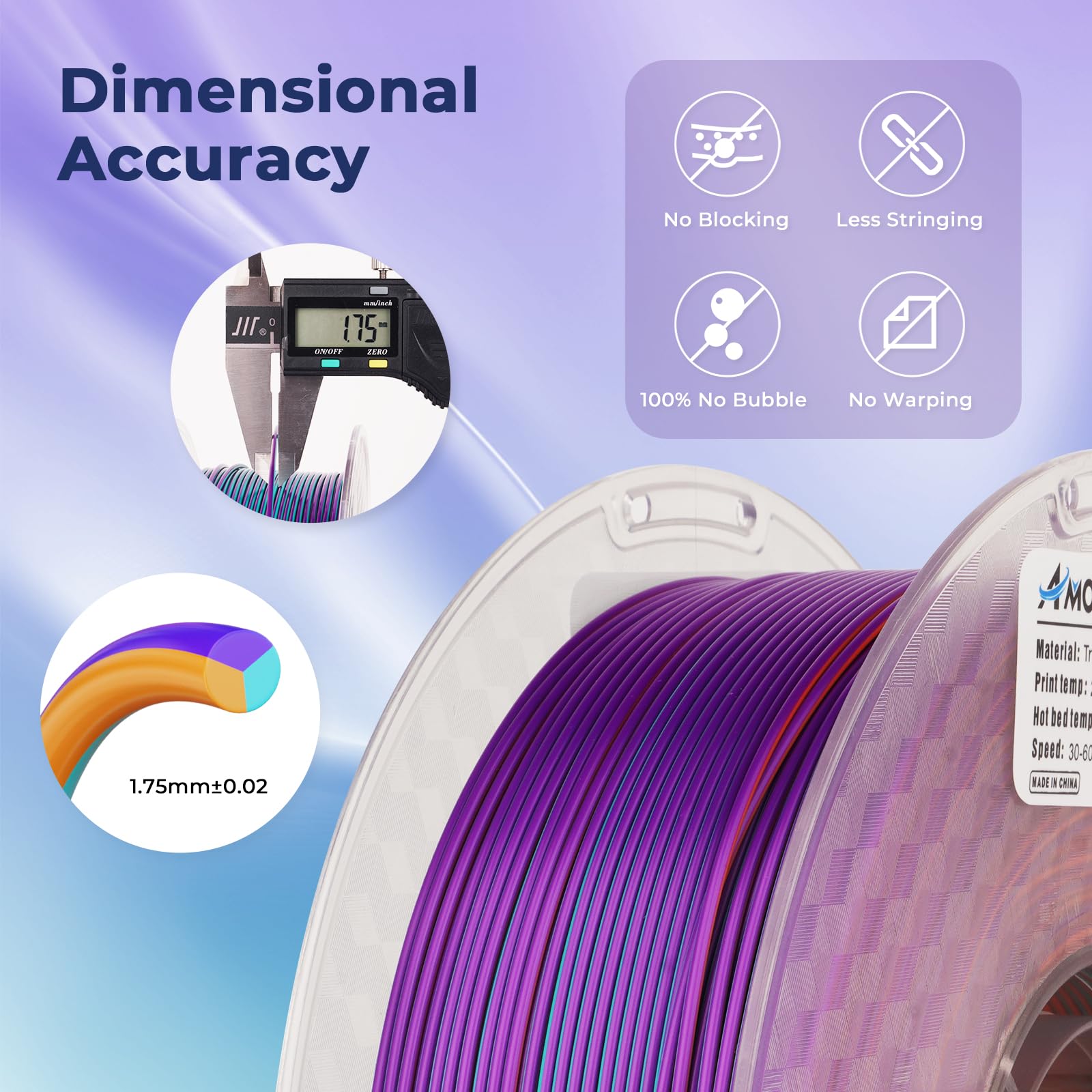 Amolen 3D Printer Filament, Triple Colors Coextrusion Silk Pla Filament 1.75Mm, Rainbow Pla Filament With Silk Pla Purple/Blue G