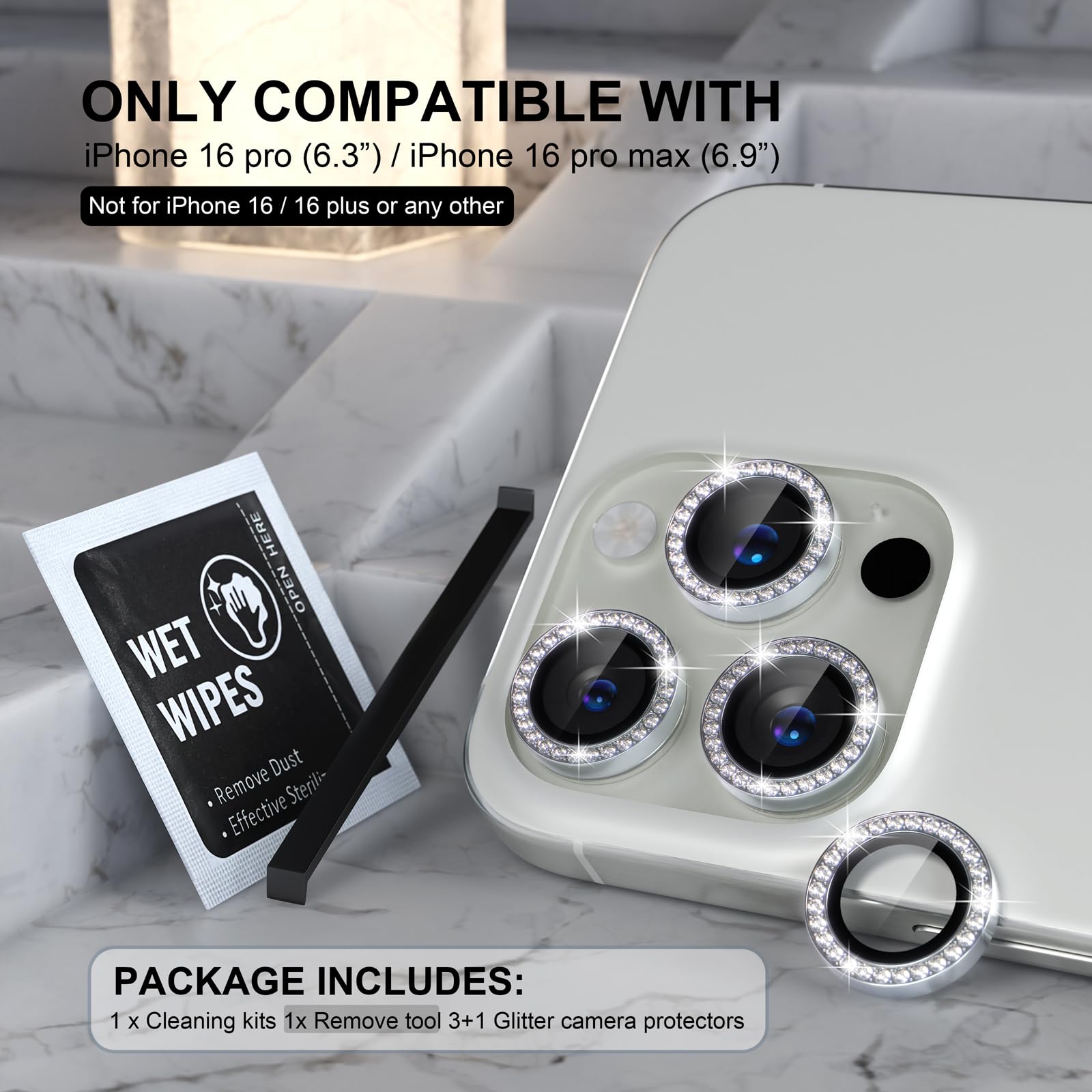 Choiche Compatible For Iphone 16 Pro/Iphone 16 Pro Max Camera Lens Protector Bling, 9H Tempered Glass Camera Cover Screen Protec