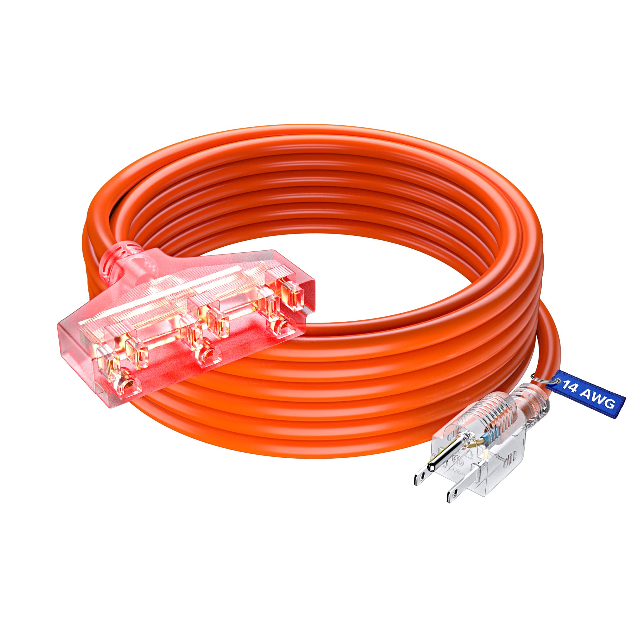 Extension Cord 30 Ft, Extension Cord With Multiple Outlets, Sjtw 14 Gauge (Orange) Etl Listed