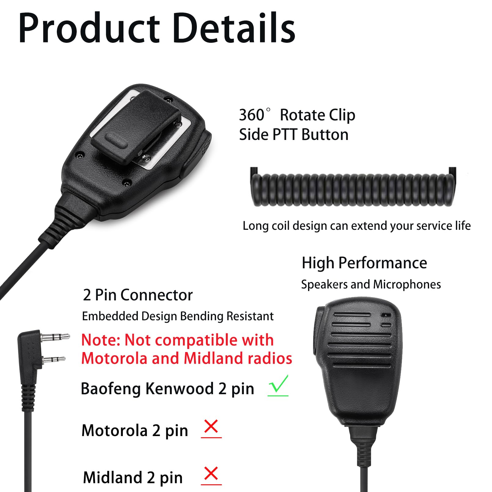 Samcom Speaker Mic For Two Way Radio,2 Pin Walkie Talkies Shoulder Mic, Handheld Walkie Talkie Microphone For Most 2 Way Radio, 2 Pin K Type Radio Mic With Ptt (6 Pack)