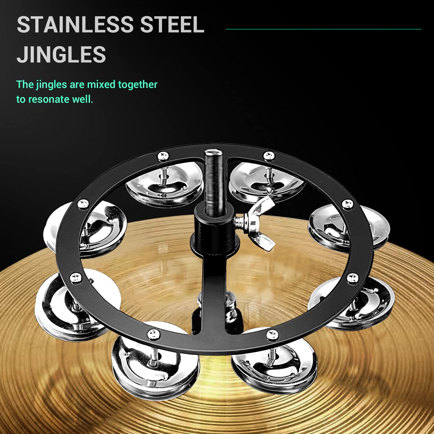 Facmogu 5.5 Inch Mountable Cymbal Hi Hat Tambourine With Single Row 8 Pair Stainless Steel Jingles 37Cm/1.5In, Drum Set Tambourine With Wing Nut Mount & Durable Alloy Construction For Hihats   Black