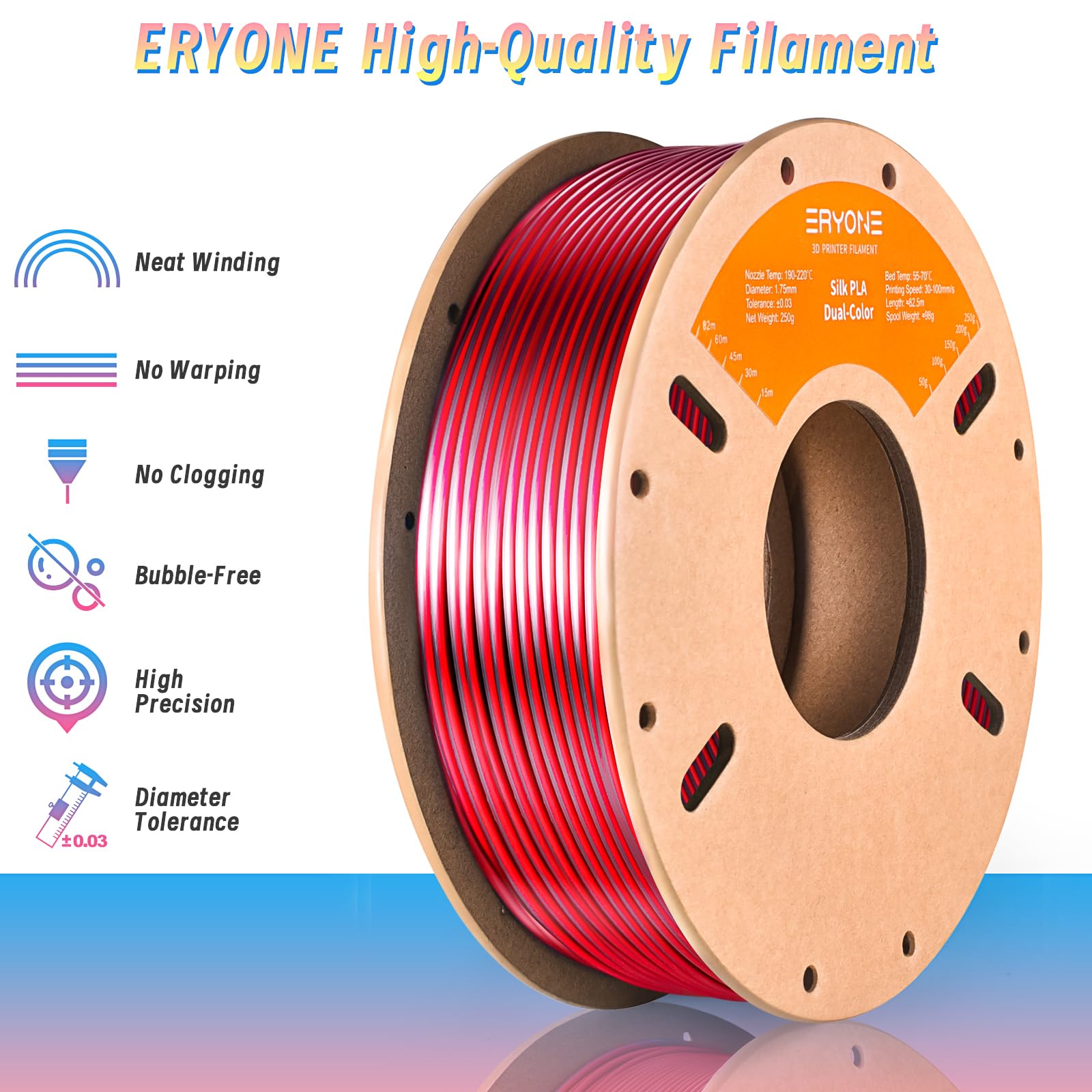Eryone Silk Dual Color Pla Filament 3D Printer 1.75Mm +/- 0.03Mm, Bicolor Filament Two Tone Pla 250G(0.55Lbs) Cardboard Spool, B