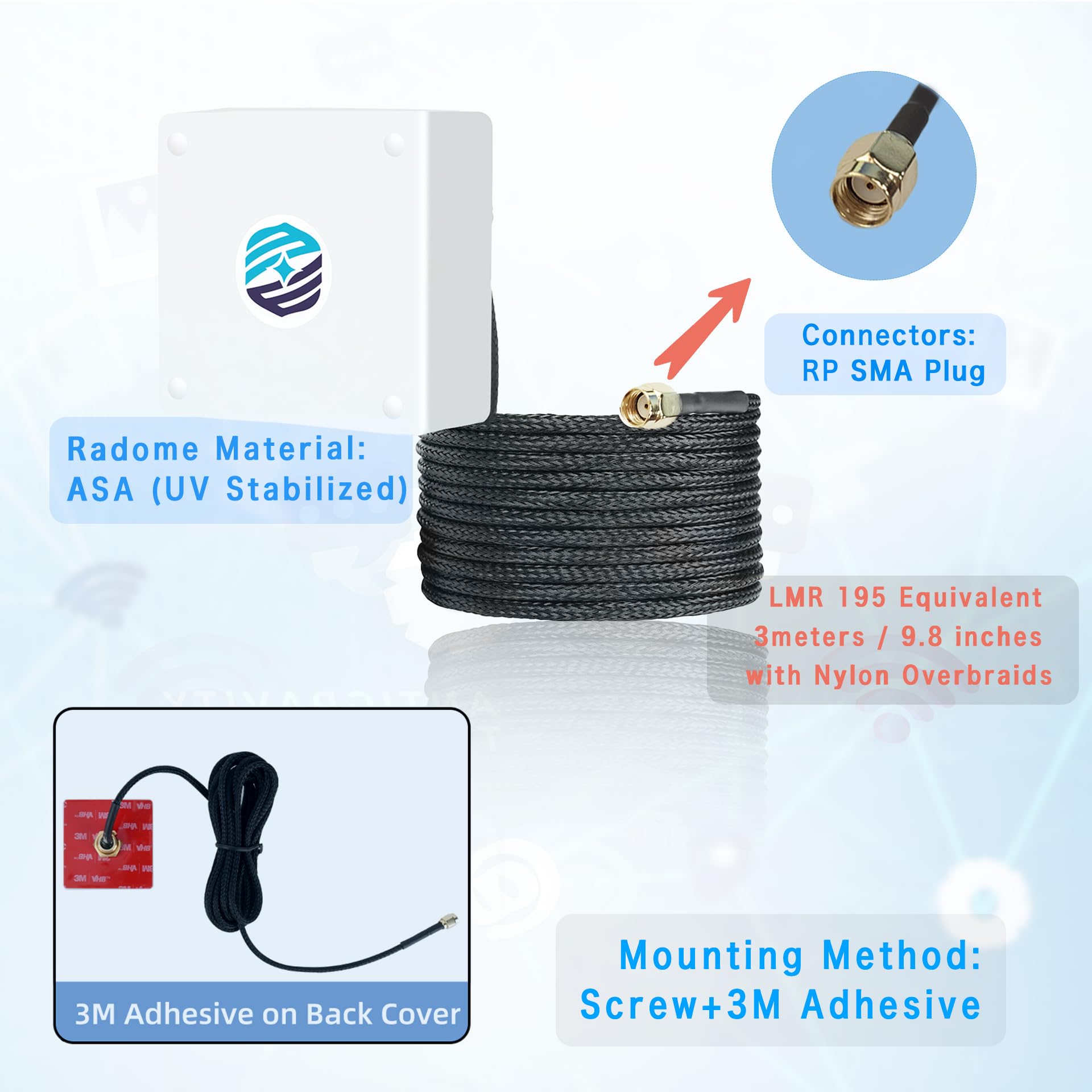 Maswell Wifi 6E Antenna 2.1 7.2 Ghz Screw And 3M Adhesive Mount Ip67 9.8 Inches With Nylon Overbraids Cable For Wifi 5 Wifi 6 Wi