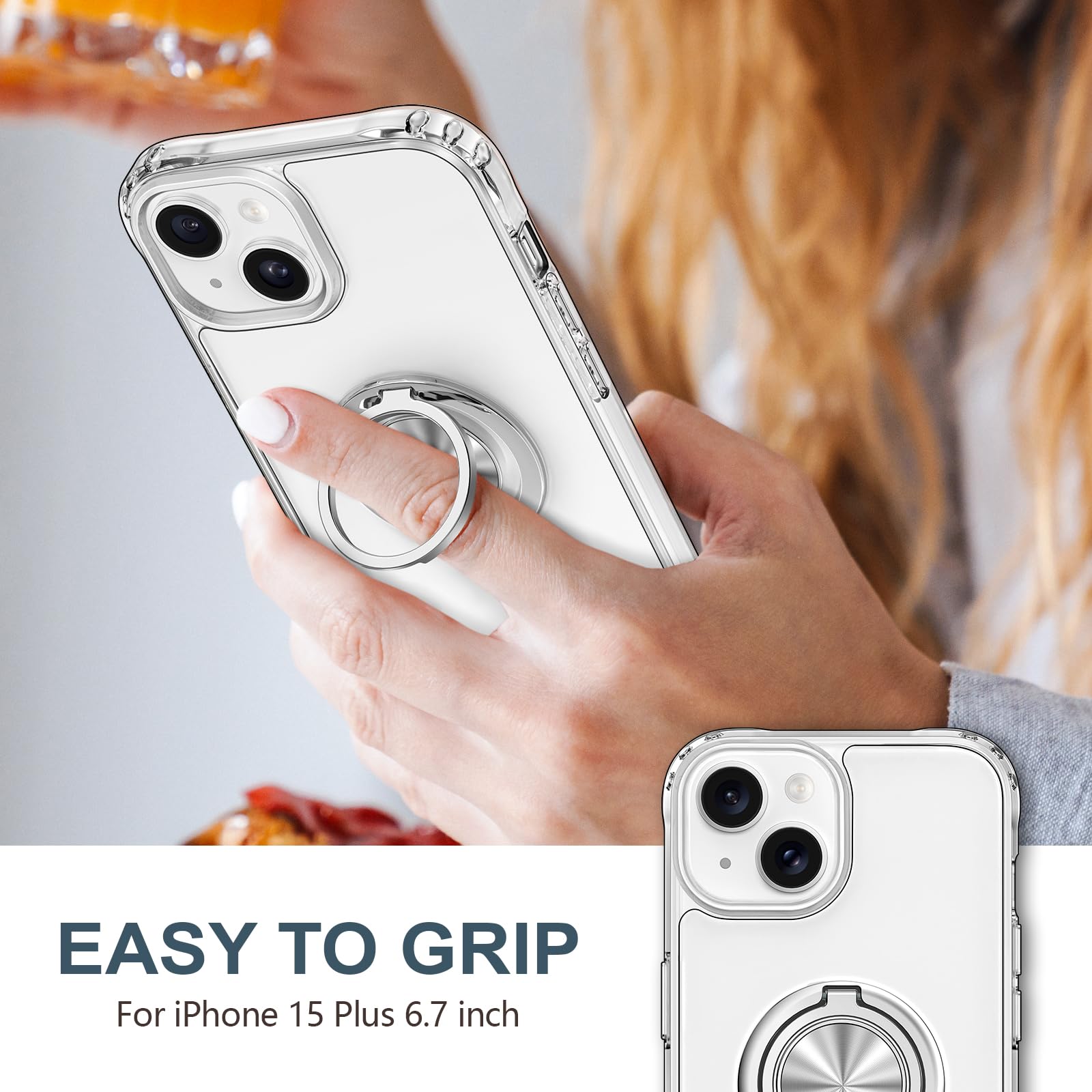 Hython Clear For Iphone 15 Plus Case With Ring Stand [360 Rotatable Ring Holder Magnetic Kickstand] [Support Car Mount] Transpar