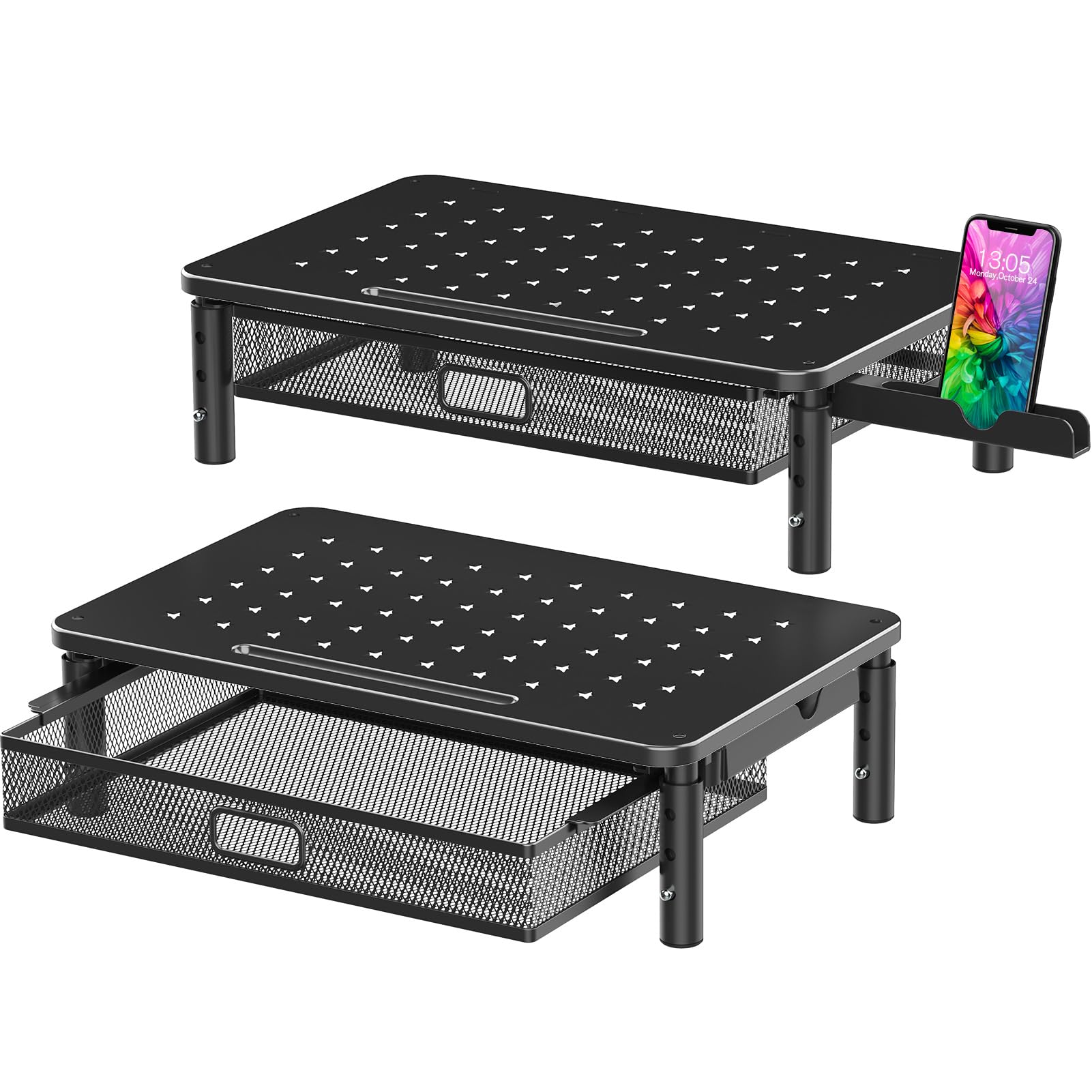 Zimilar 2 Pack Monitor Stand Riser With Metal Drawer, 3 Height Adjustable Monitor Riser With Phone Holder For Printer, Laptop, P